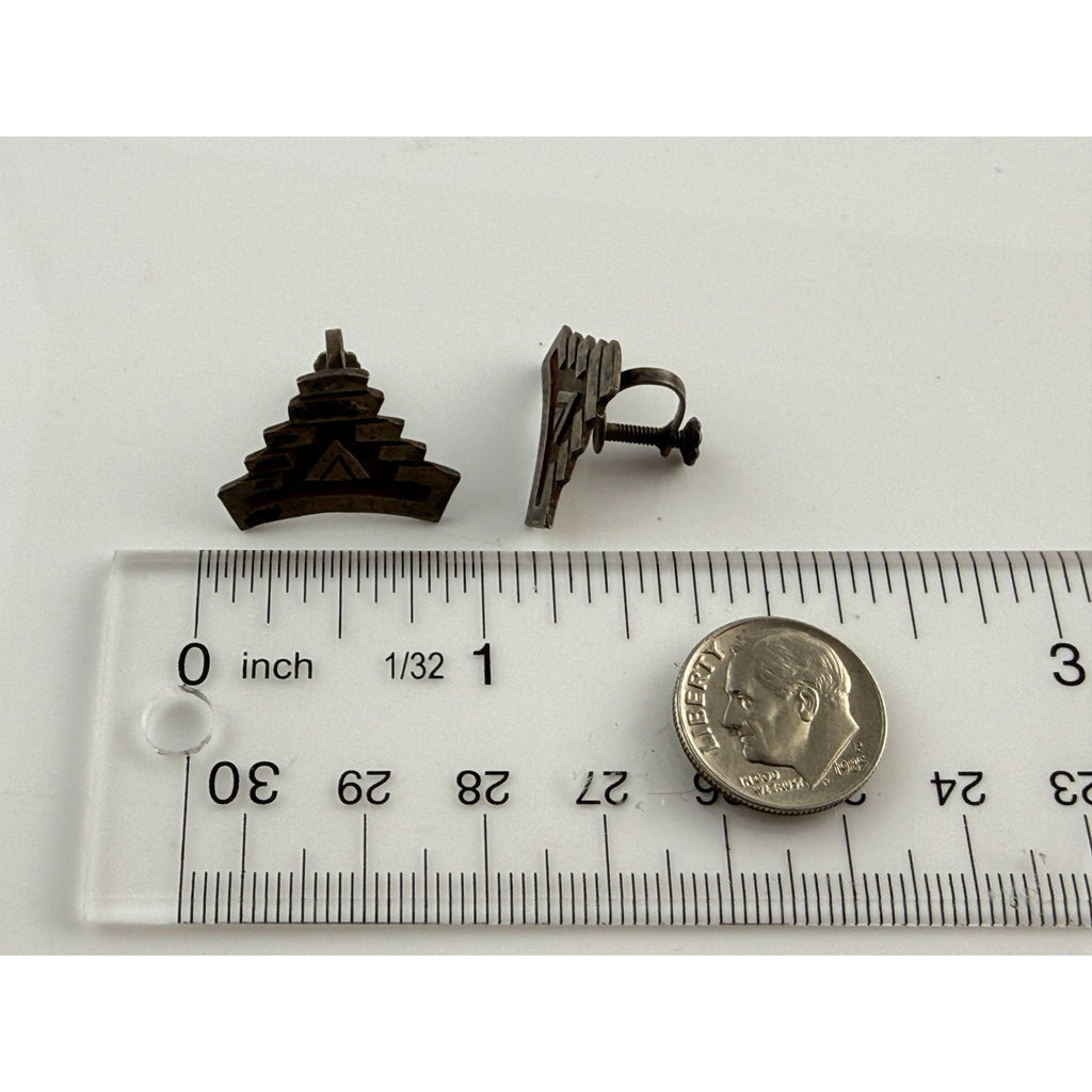 Vintage 1940s or 50s Era Mexican Silver Screwback Earrings Glyph Design 5g 7/8In