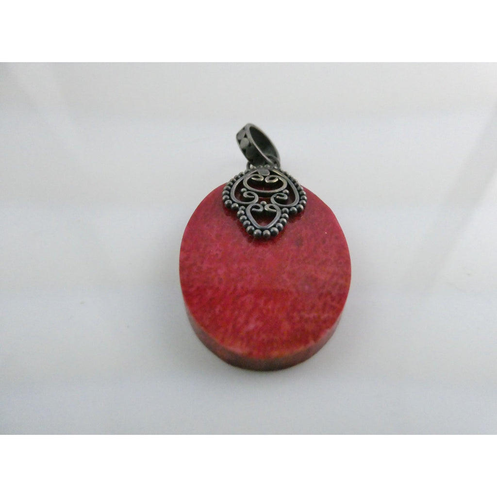 Sterling Silver Flat Compressed Dyed Red Sponge Coral Oval Pendant 5g 45mm Long