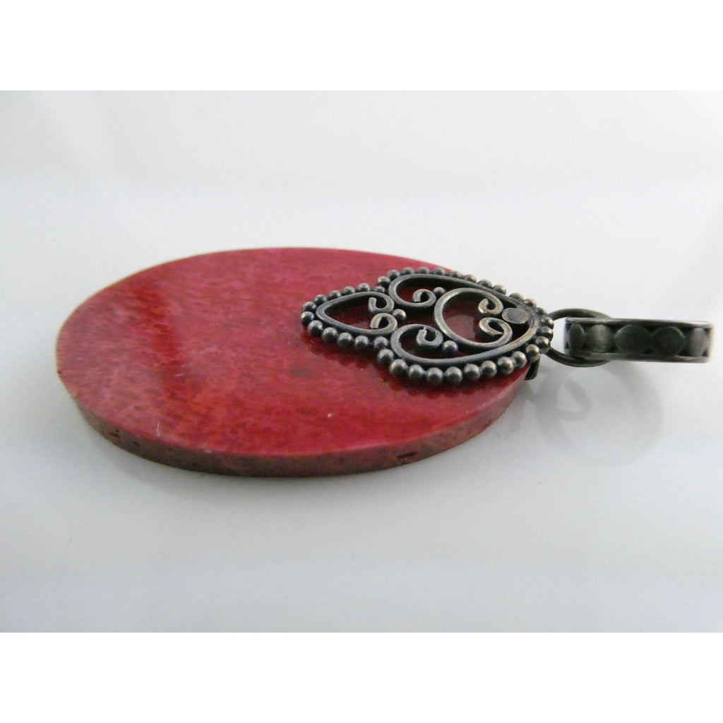 Sterling Silver Flat Compressed Dyed Red Sponge Coral Oval Pendant 5g 45mm Long