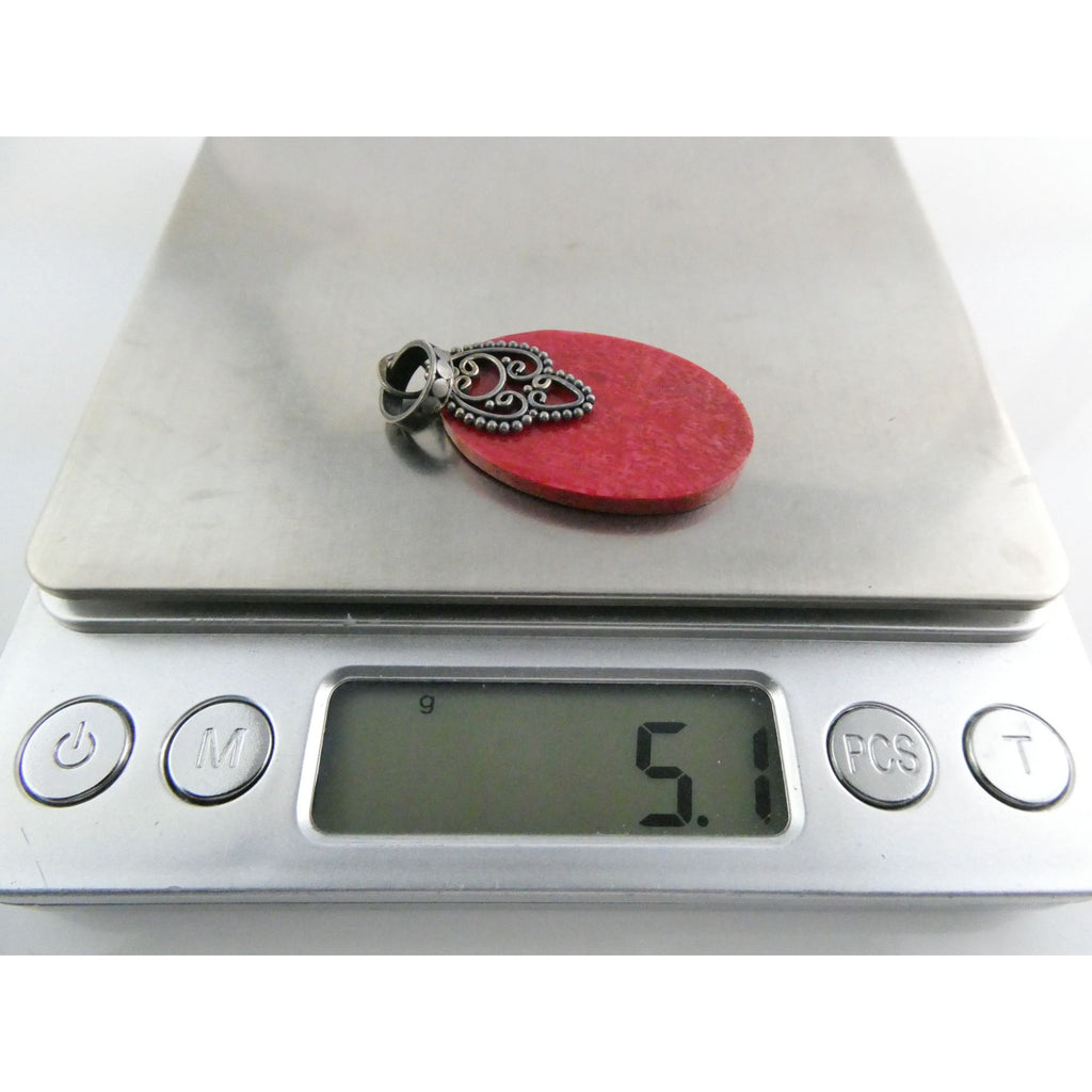 Sterling Silver Flat Compressed Dyed Red Sponge Coral Oval Pendant 5g 45mm Long