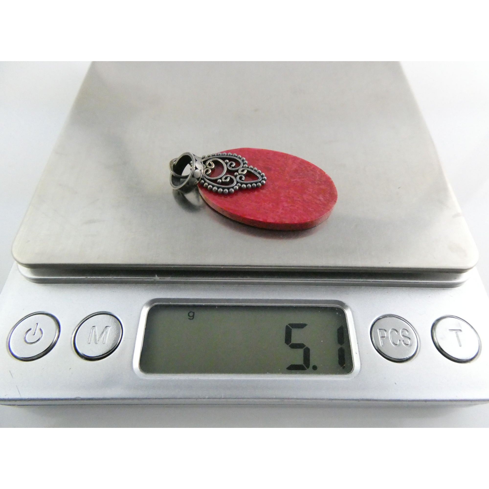 Sterling Silver Flat Compressed Dyed Red Sponge Coral Oval Pendant 5g 45mm Long