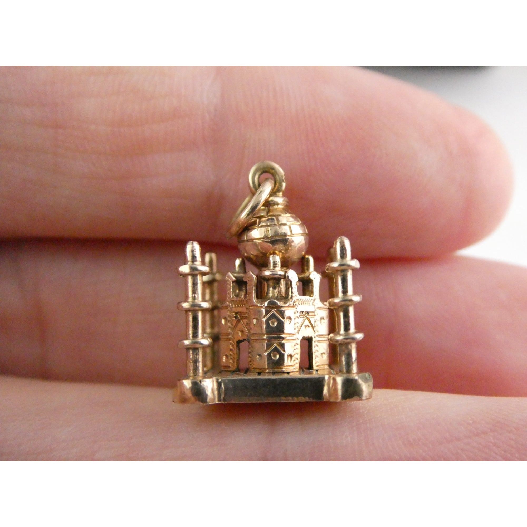 Vintage Hand Tooled 10k Rose Gold Taj Mahal Figural Charm Pendant .75 Inch