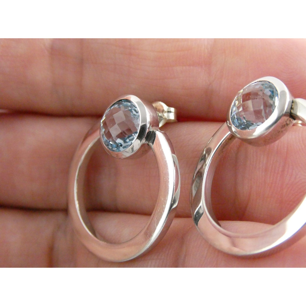 Movado Sterling Silver Faceted Blue Topaz Stud Earrings 9.4g 22mm Diameter