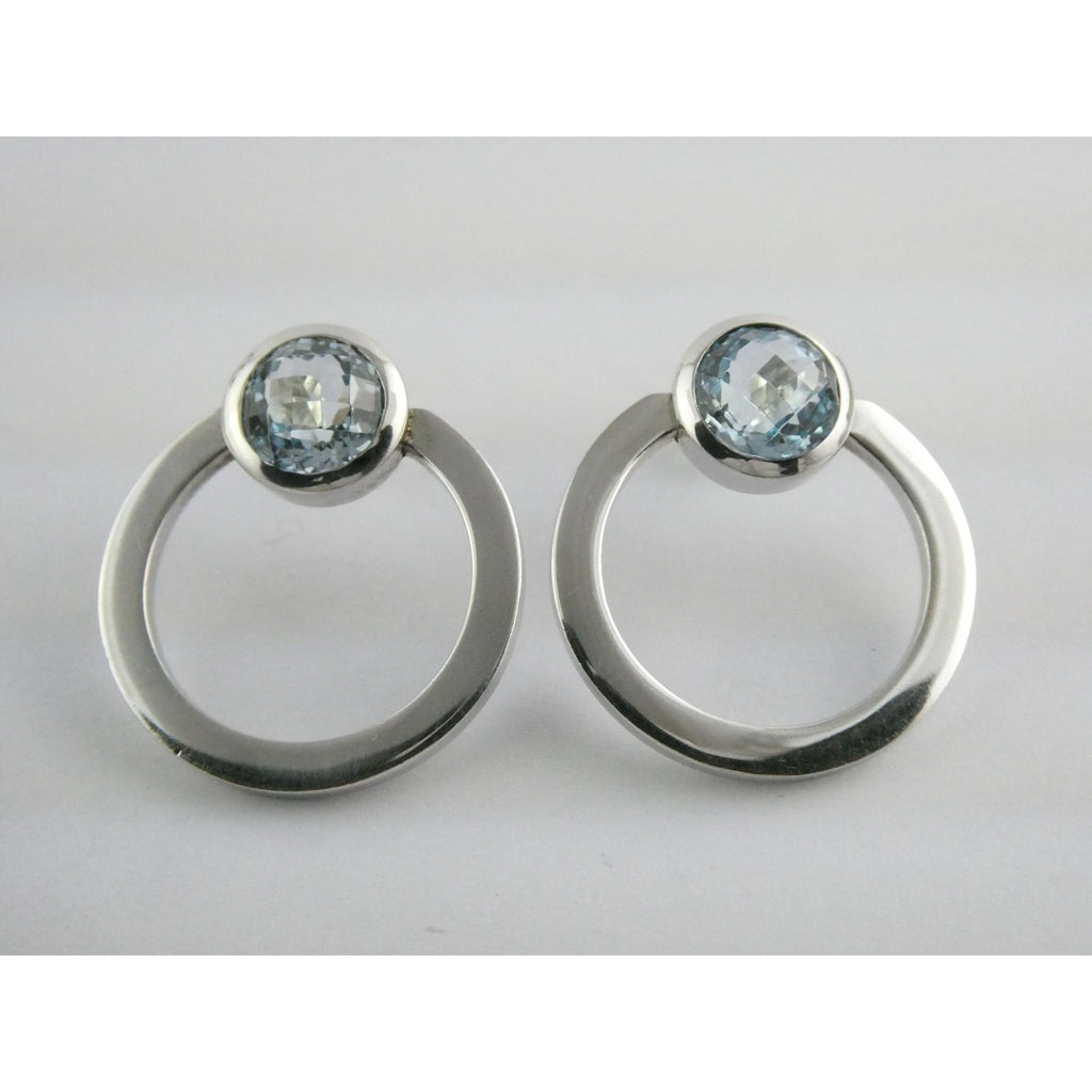 Movado Sterling Silver Faceted Blue Topaz Stud Earrings 9.4g 22mm Diameter
