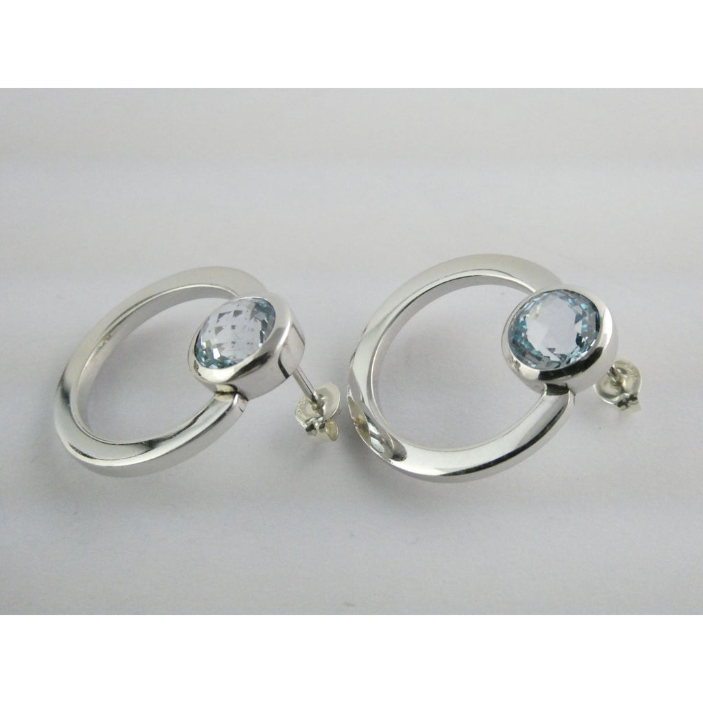 Movado Sterling Silver Faceted Blue Topaz Stud Earrings 9.4g 22mm Diameter