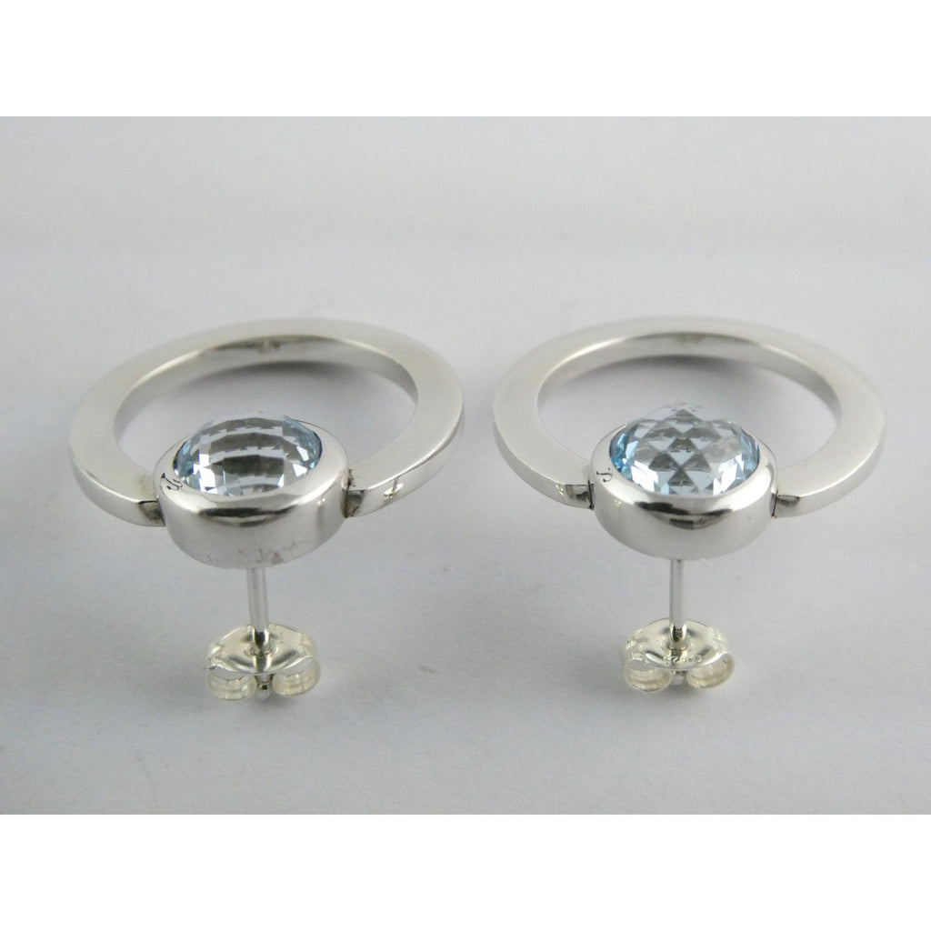 Movado Sterling Silver Faceted Blue Topaz Stud Earrings 9.4g 22mm Diameter
