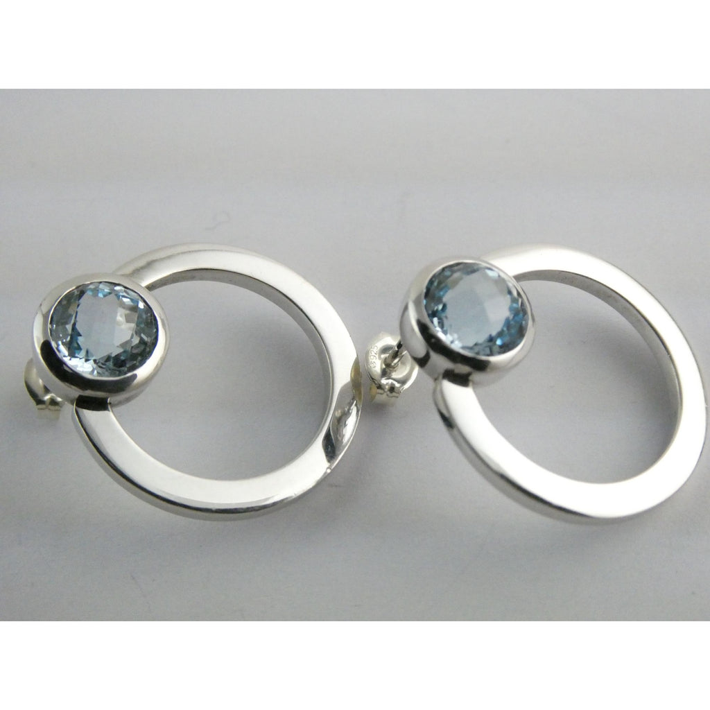 Movado Sterling Silver Faceted Blue Topaz Stud Earrings 9.4g 22mm Diameter
