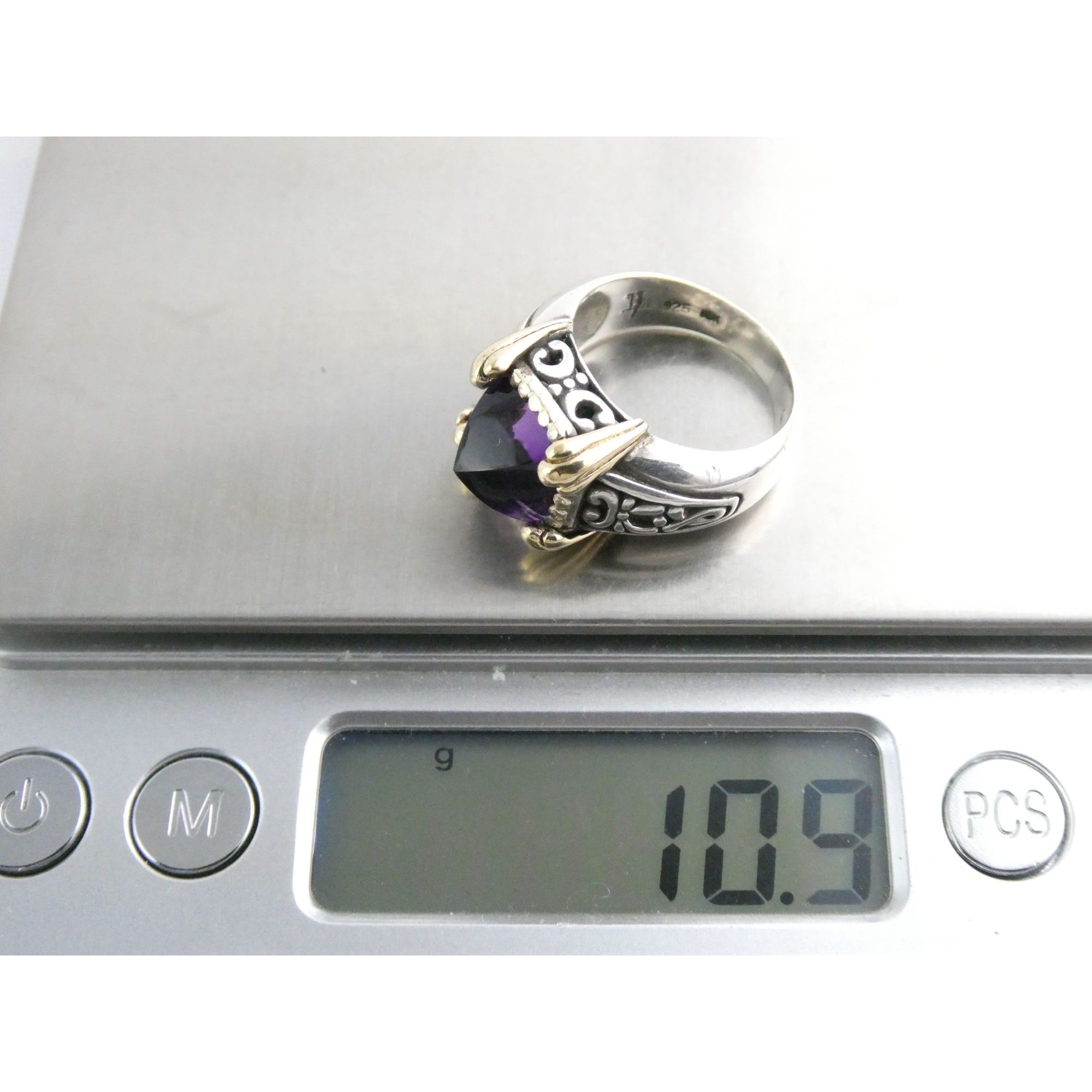 John Hardy Sterling Silver 18k Gold Pointed Pyramid Cut Amethyst Ring Size 6.75