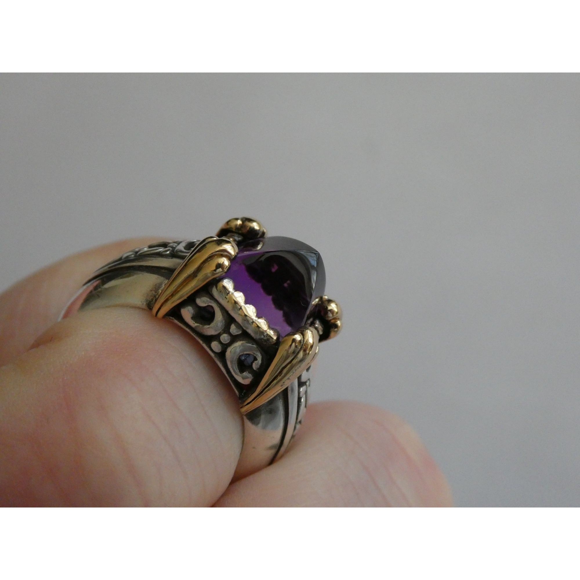 John Hardy Sterling Silver 18k Gold Pointed Pyramid Cut Amethyst Ring Size 6.75