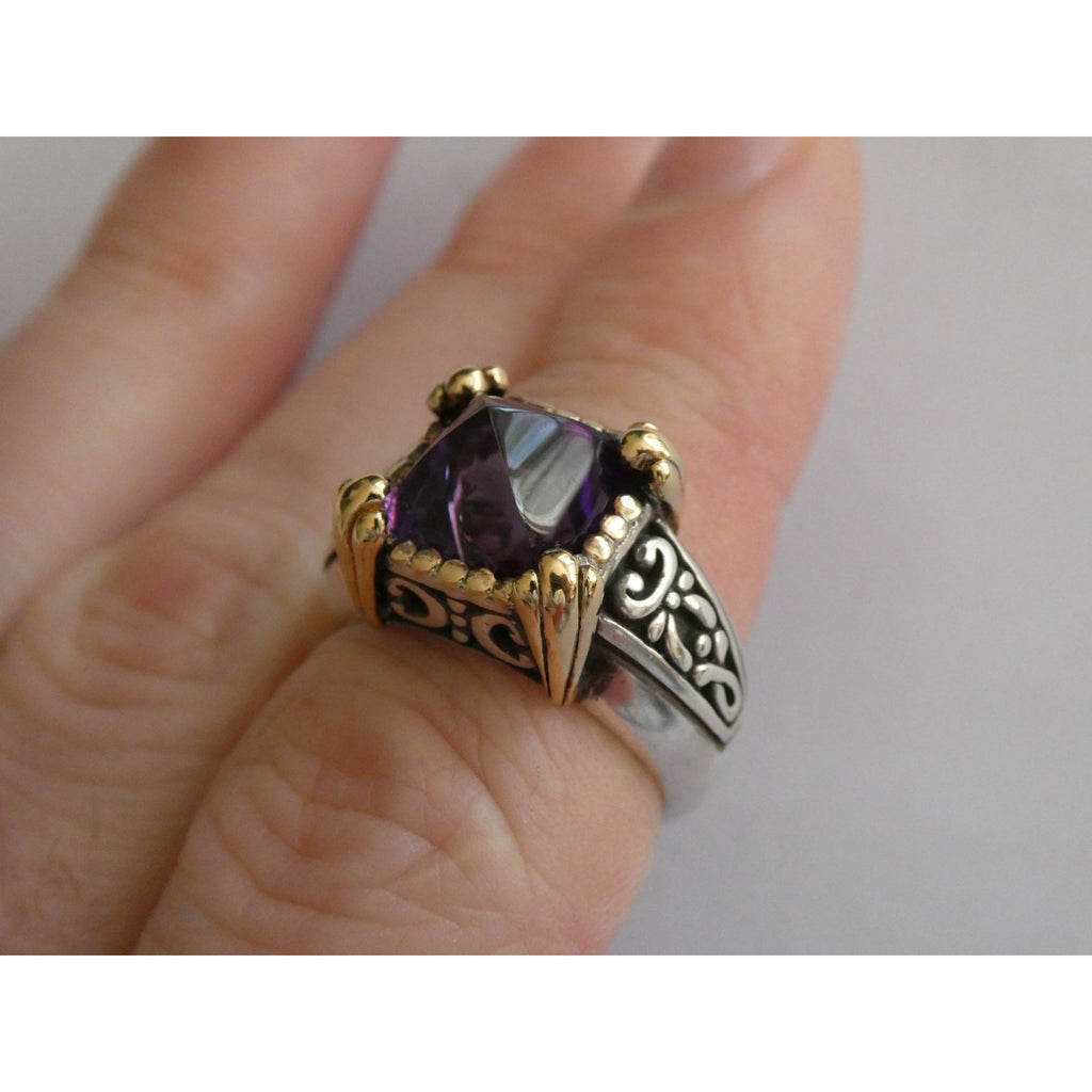 John Hardy Sterling Silver 18k Gold Pointed Pyramid Cut Amethyst Ring Size 6.75