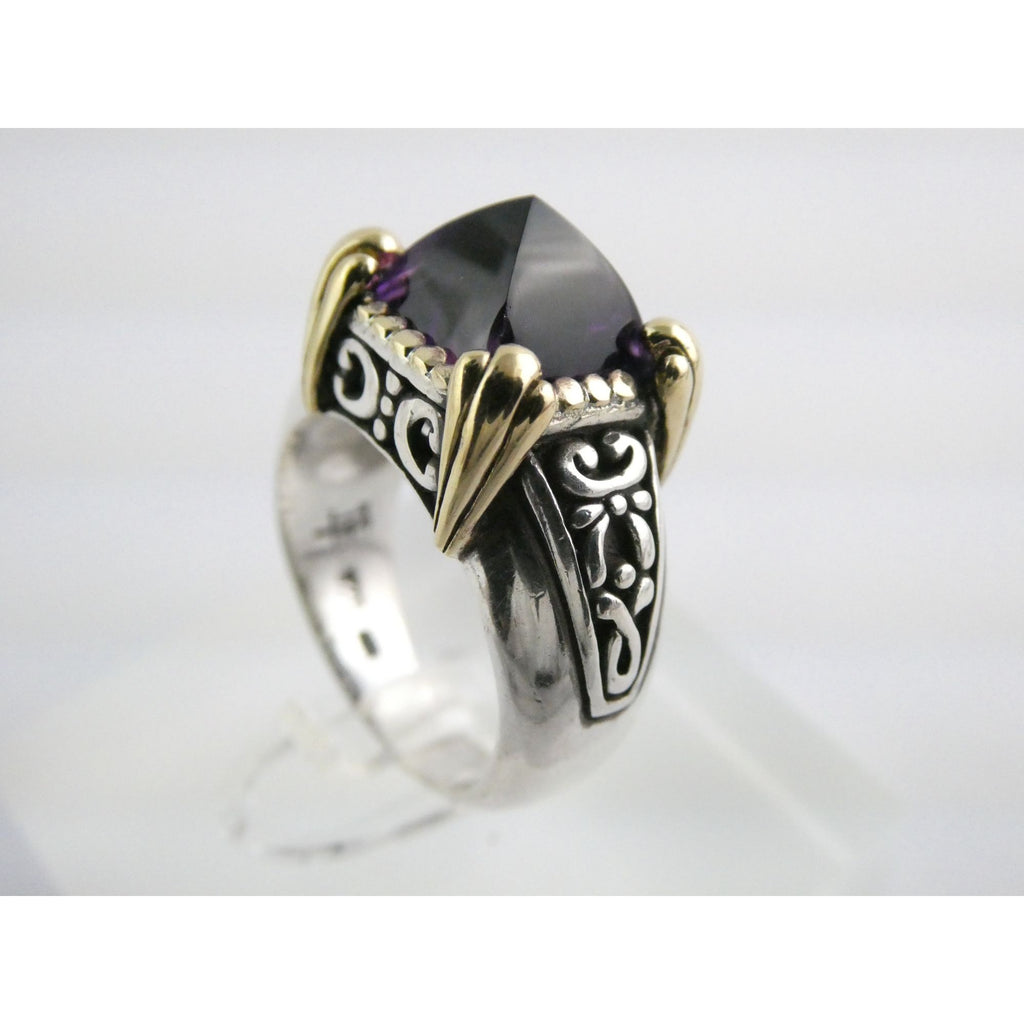 John Hardy Sterling Silver 18k Gold Pointed Pyramid Cut Amethyst Ring Size 6.75