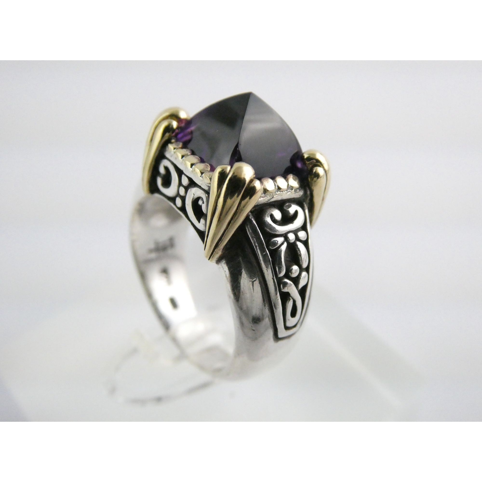 John Hardy Sterling Silver 18k Gold Pointed Pyramid Cut Amethyst Ring Size 6.75