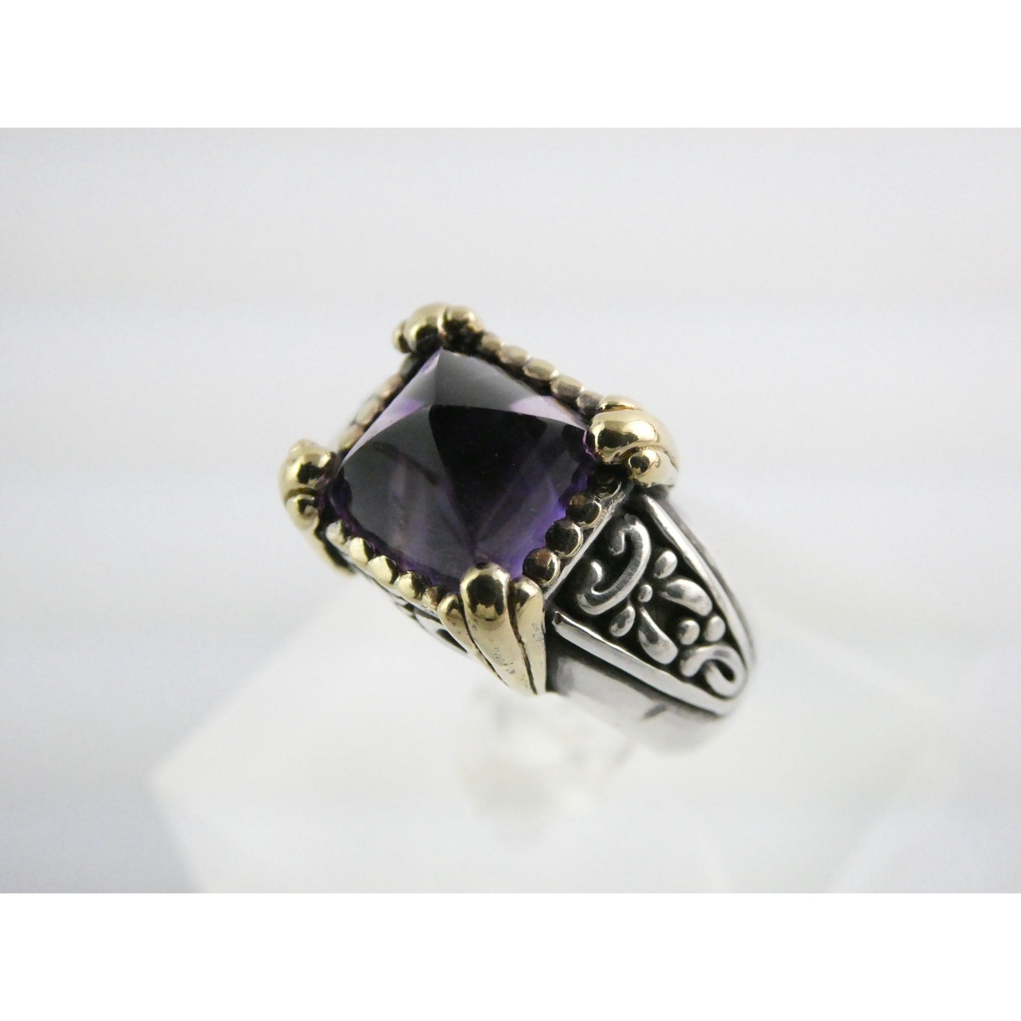 John Hardy Sterling Silver 18k Gold Pointed Pyramid Cut Amethyst Ring Size 6.75
