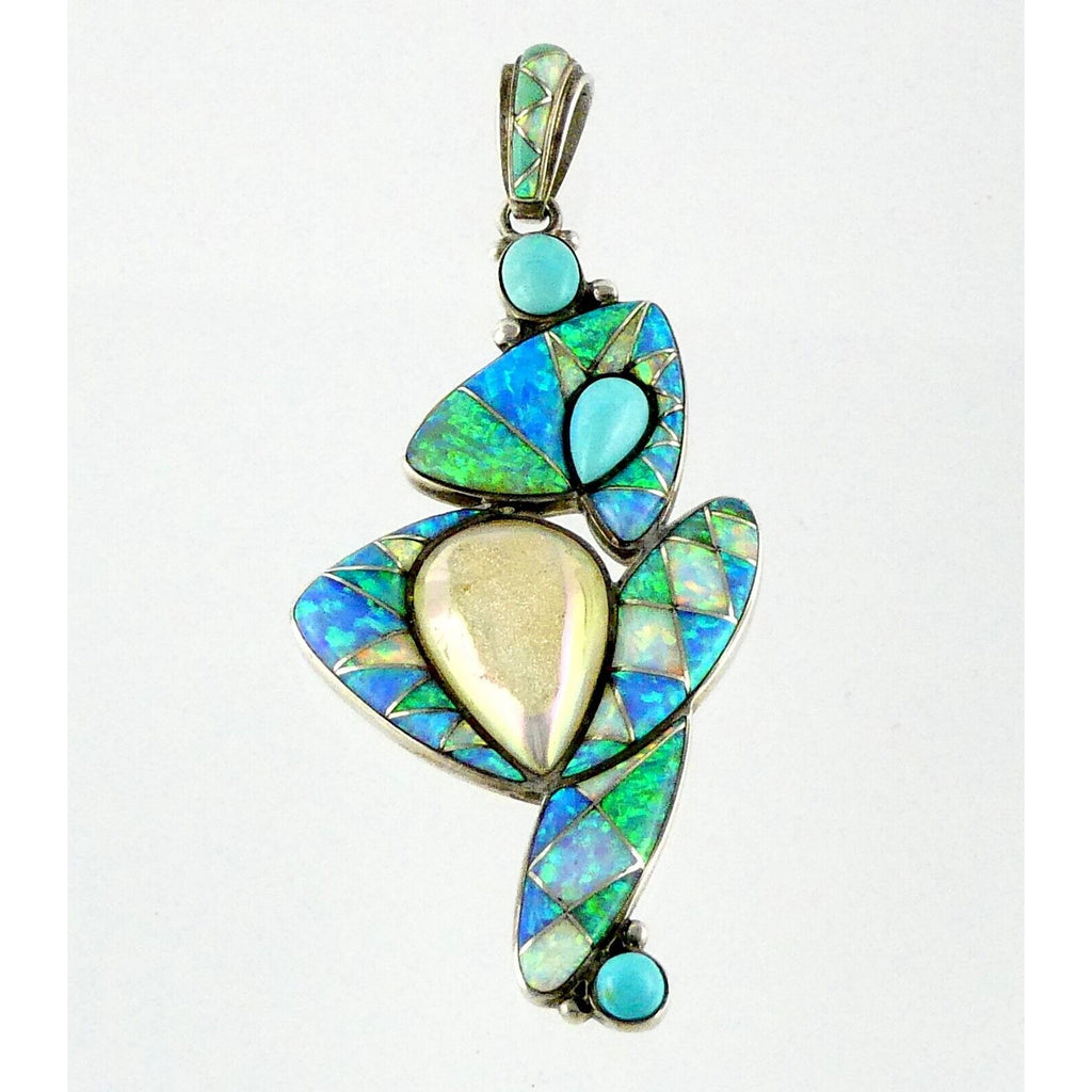 Sajen Sterling Silver Druzy Quartz Turquoise and Opal Pendant 925 3.25 Inches