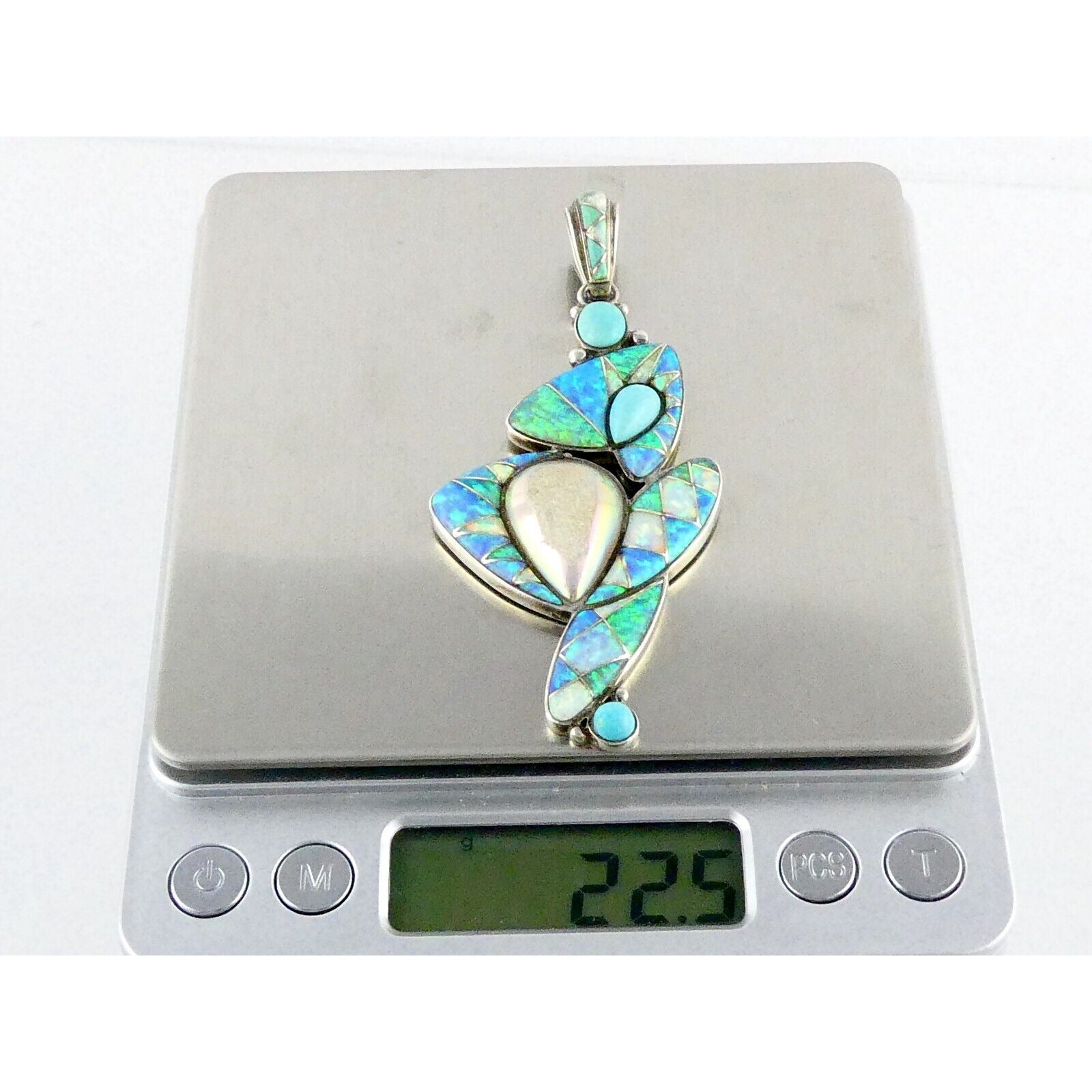 Sajen Sterling Silver Druzy Quartz Turquoise and Opal Pendant 925 3.25 Inches