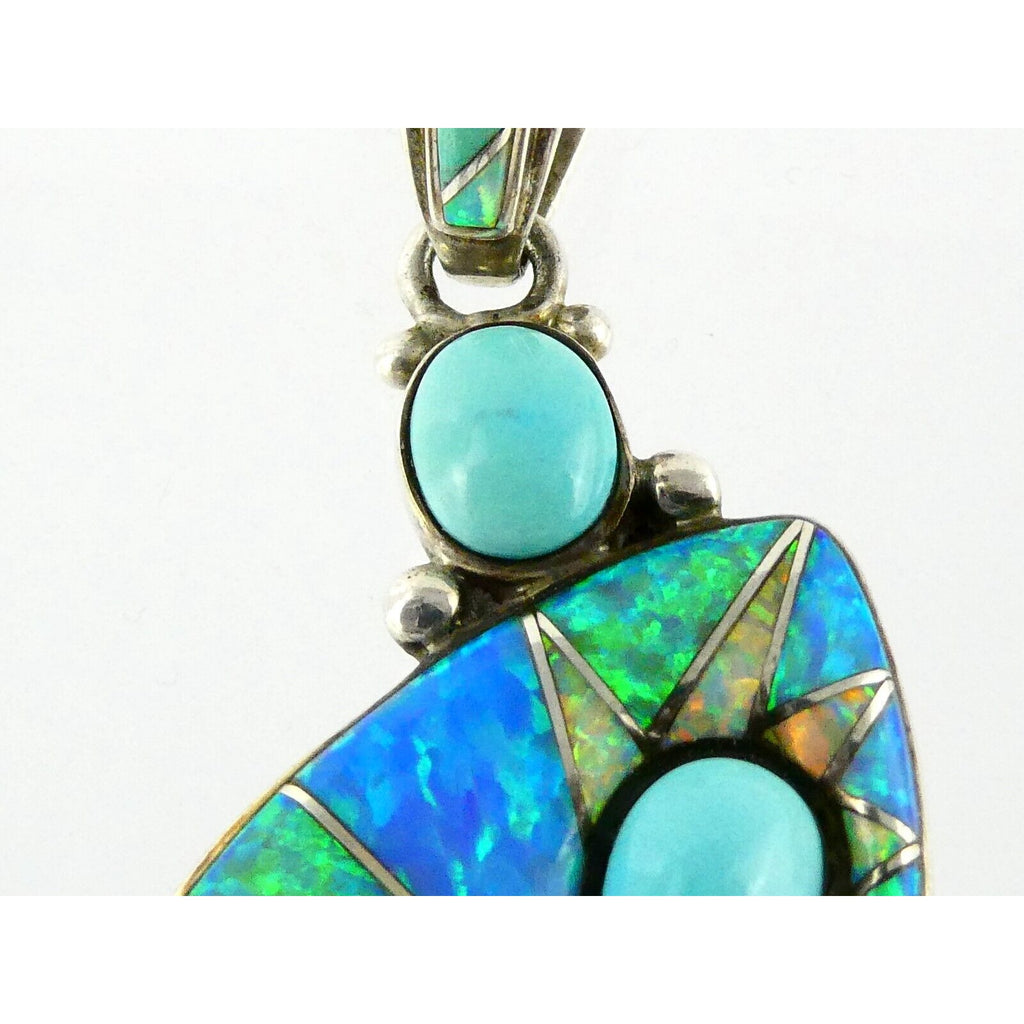 Sajen Sterling Silver Druzy Quartz Turquoise and Opal Pendant 925 3.25 Inches