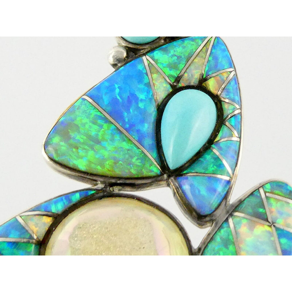 Sajen Sterling Silver Druzy Quartz Turquoise and Opal Pendant 925 3.25 Inches
