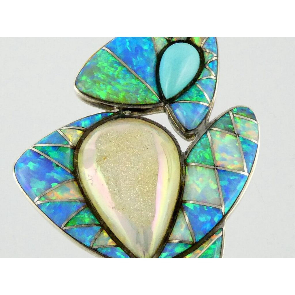 Sajen Sterling Silver Druzy Quartz Turquoise and Opal Pendant 925 3.25 Inches