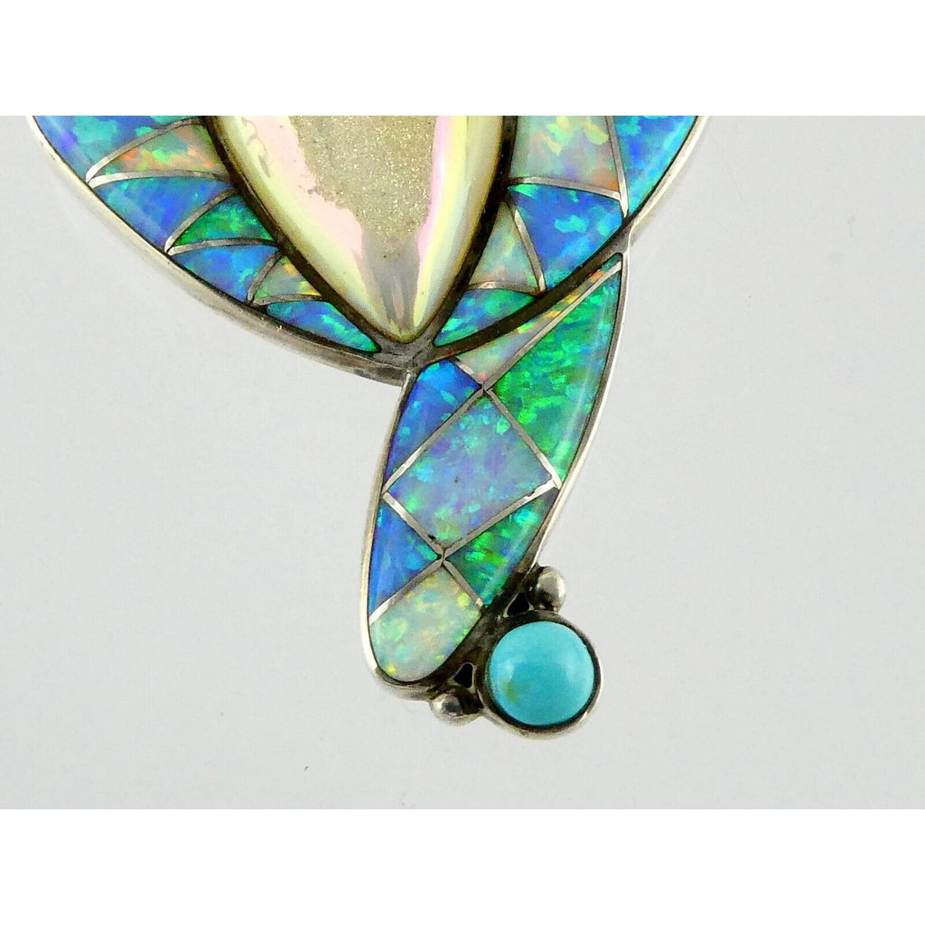 Sajen Sterling Silver Druzy Quartz Turquoise and Opal Pendant 925 3.25 Inches