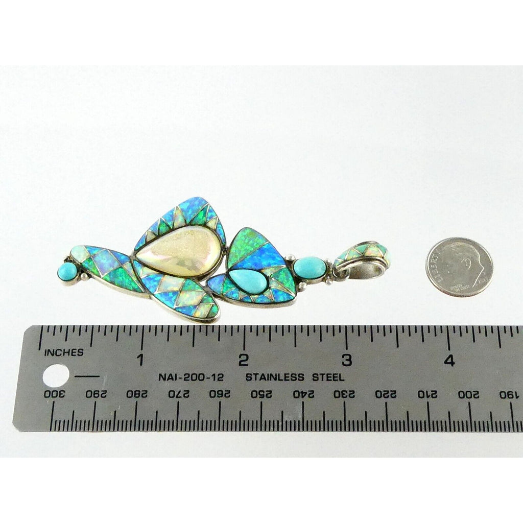 Sajen Sterling Silver Druzy Quartz Turquoise and Opal Pendant 925 3.25 Inches