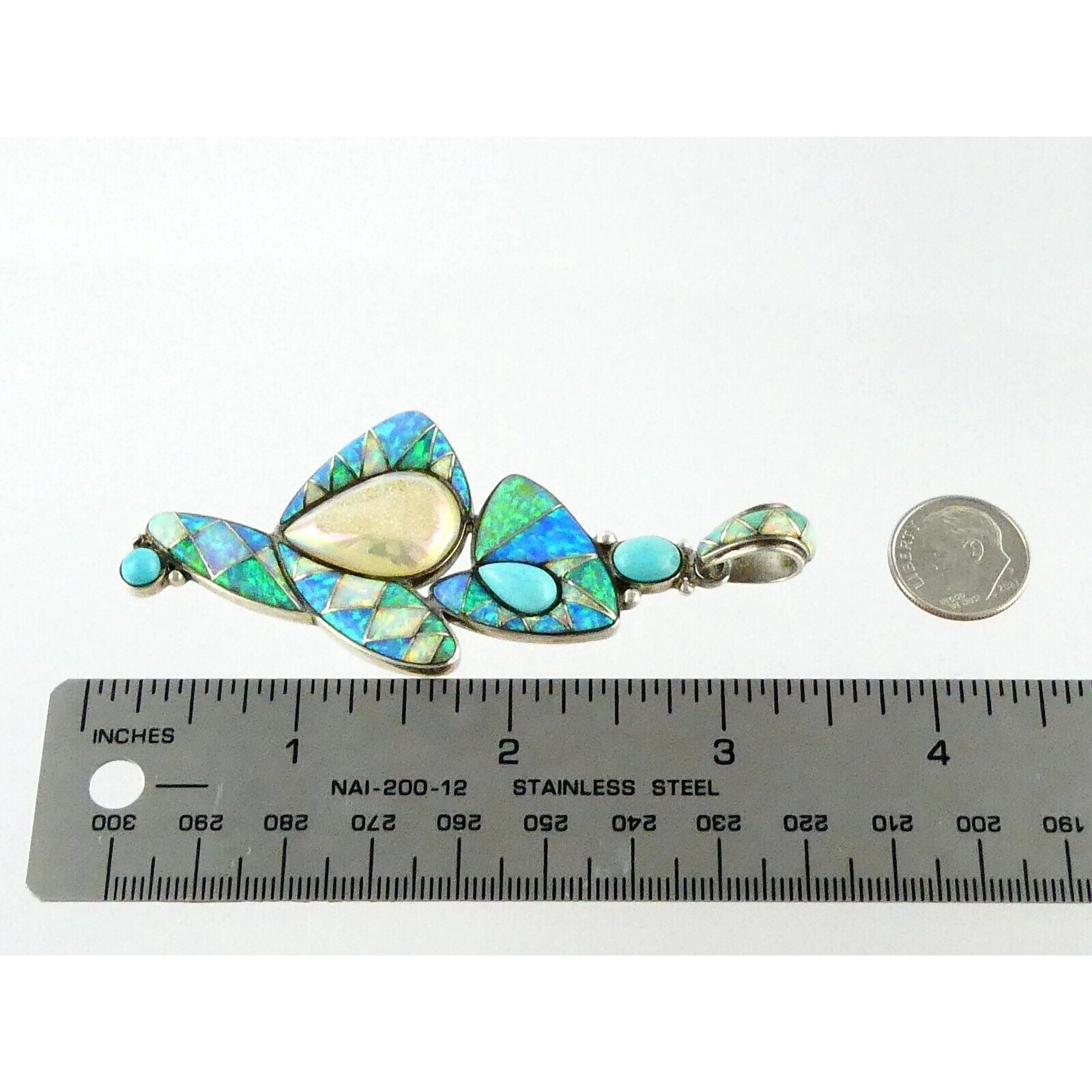 Sajen Sterling Silver Druzy Quartz Turquoise and Opal Pendant 925 3.25 Inches