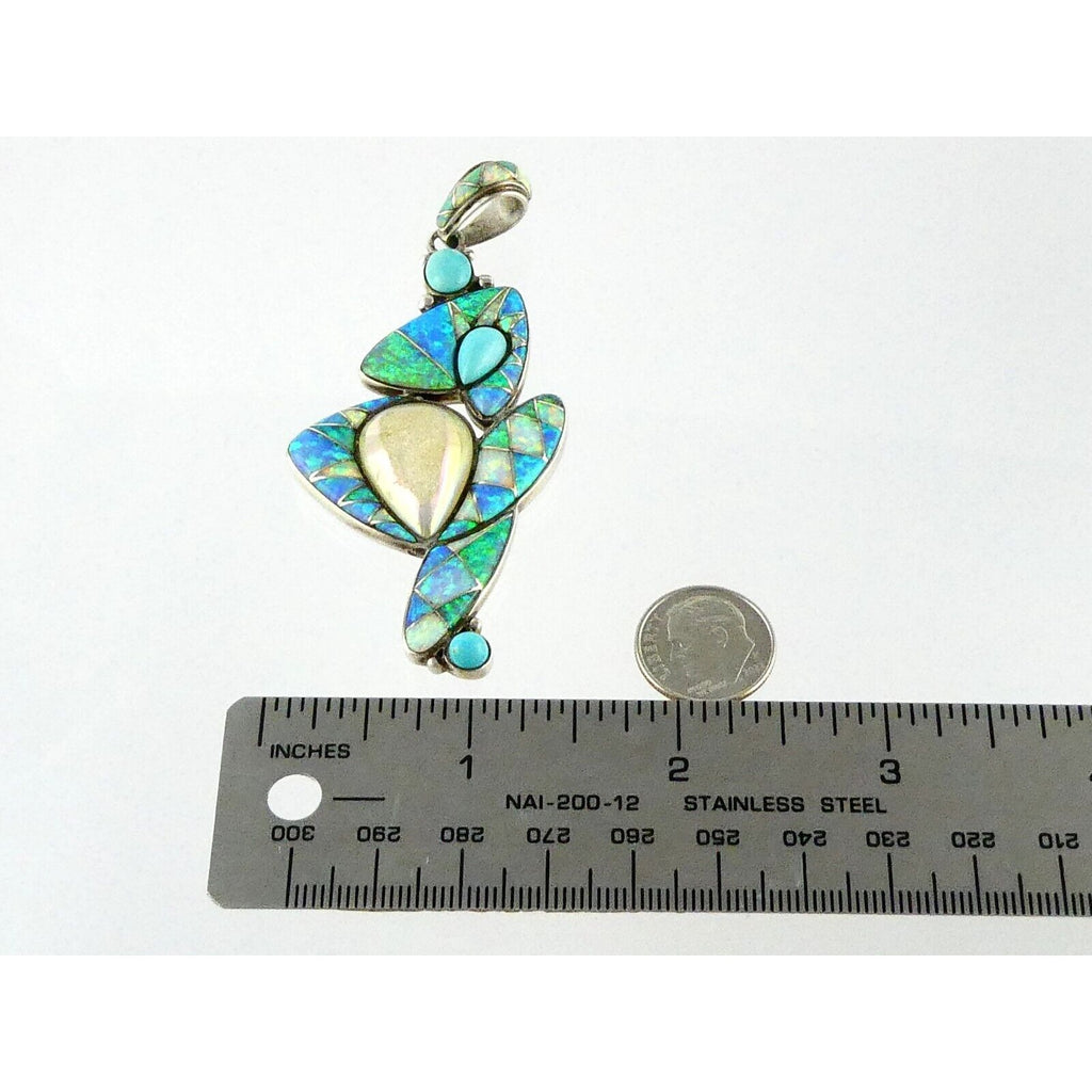Sajen Sterling Silver Druzy Quartz Turquoise and Opal Pendant 925 3.25 Inches
