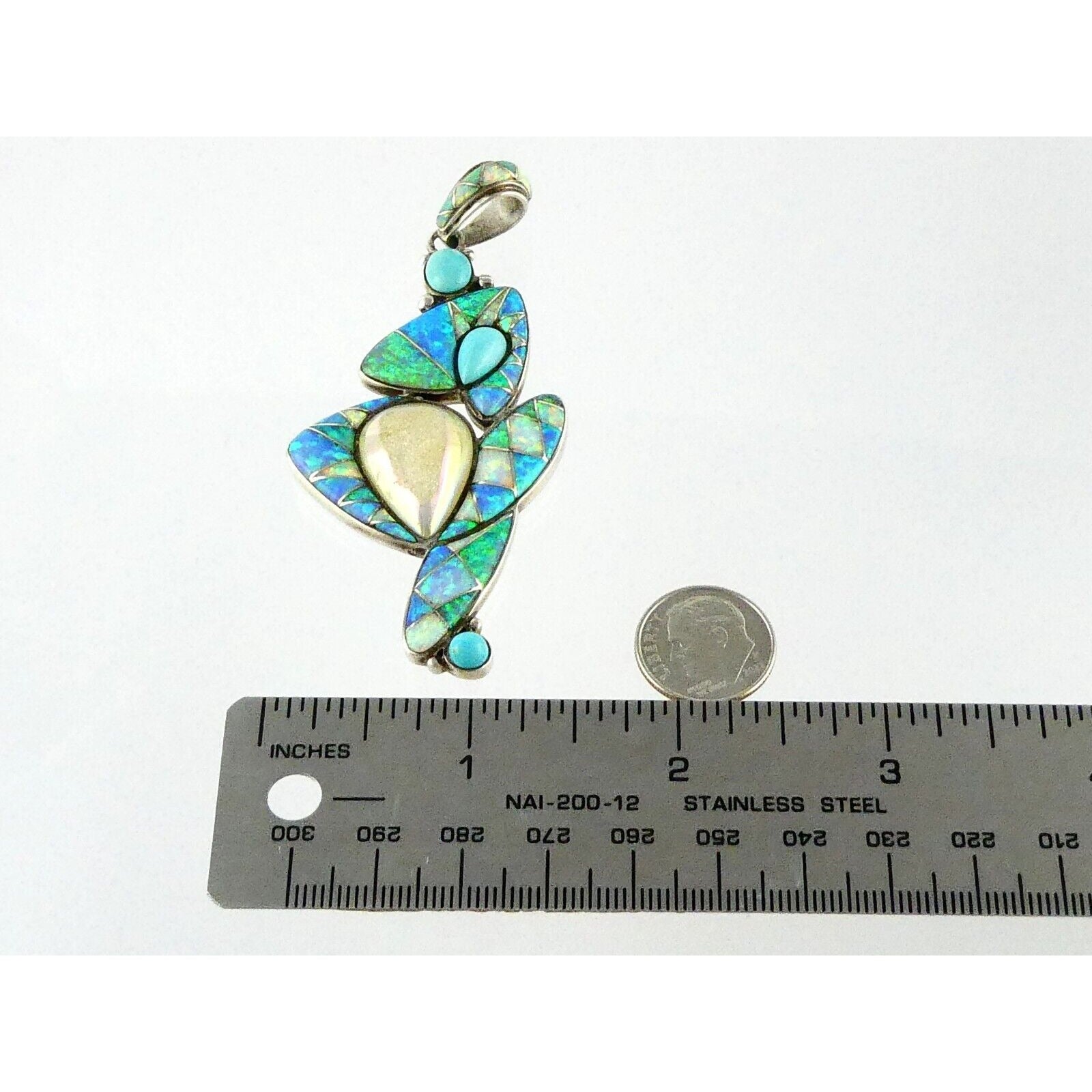 Sajen Sterling Silver Druzy Quartz Turquoise and Opal Pendant 925 3.25 Inches