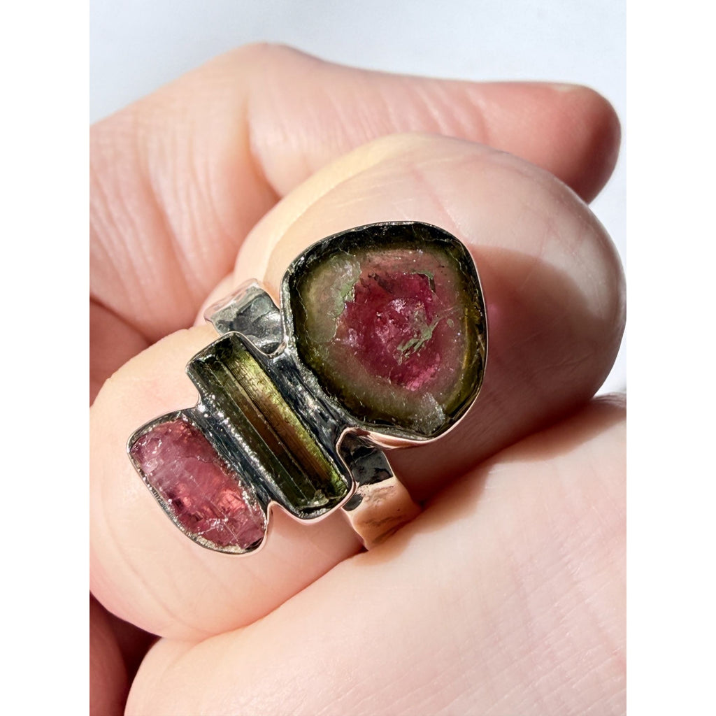 Artisan Made Sterling Silver Watermelon Tourmaline Ring Size 5.75 Weighs 5.9g