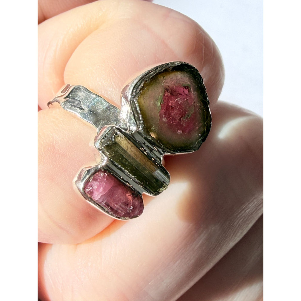 Artisan Made Sterling Silver Watermelon Tourmaline Ring Size 5.75 Weighs 5.9g