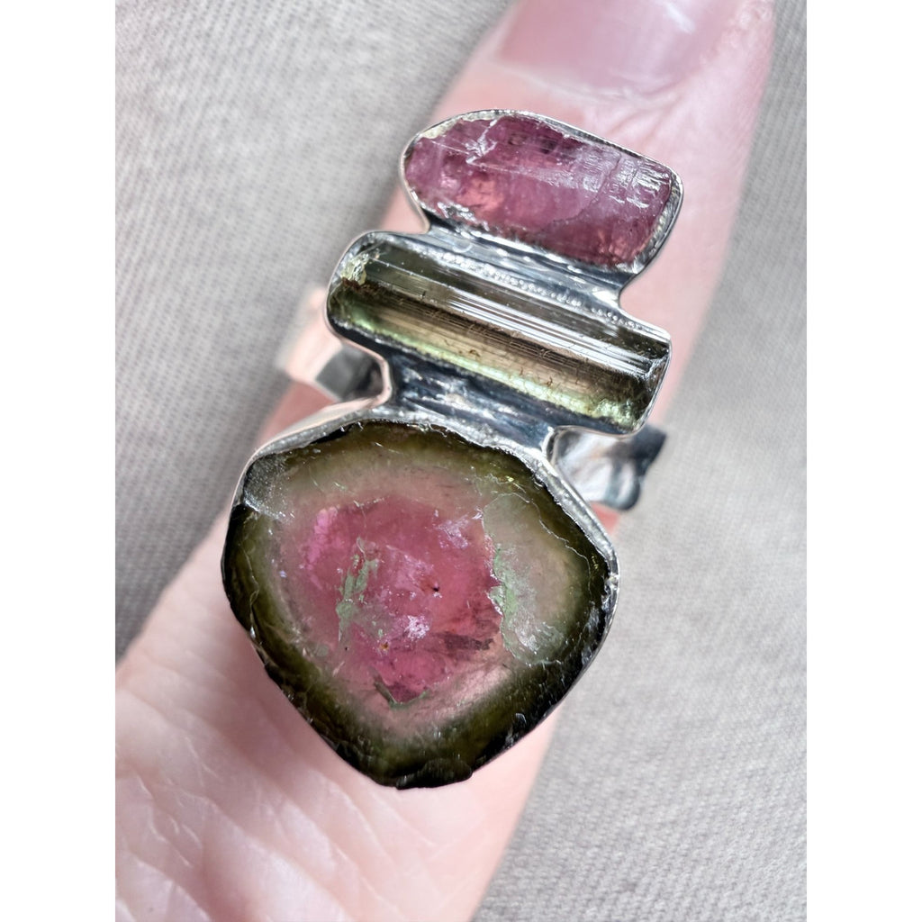 Artisan Made Sterling Silver Watermelon Tourmaline Ring Size 5.75 Weighs 5.9g