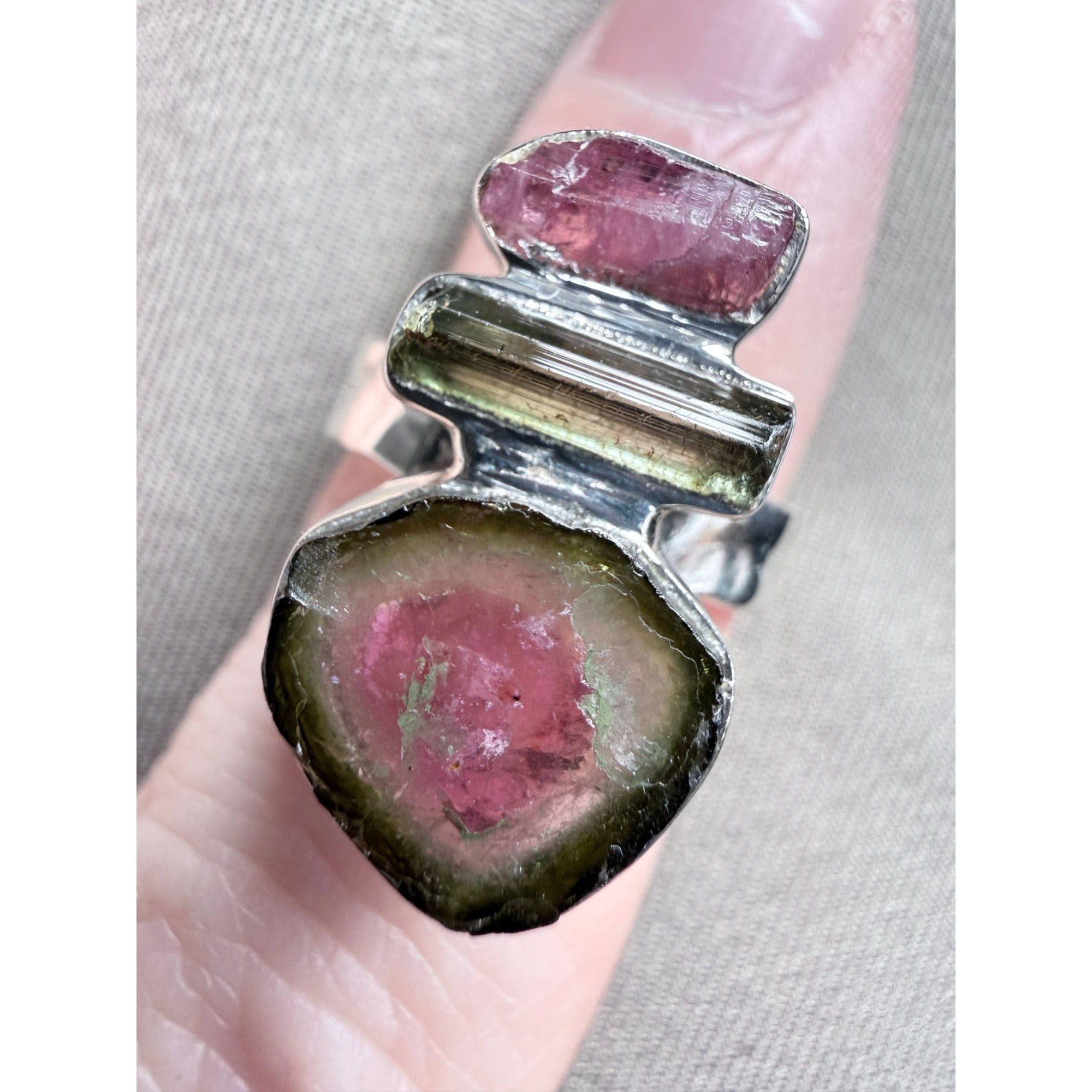Artisan Made Sterling Silver Watermelon Tourmaline Ring Size 5.75 Weighs 5.9g