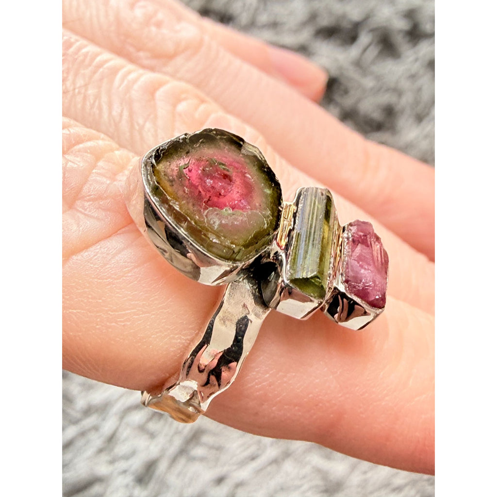 Artisan Made Sterling Silver Watermelon Tourmaline Ring Size 5.75 Weighs 5.9g