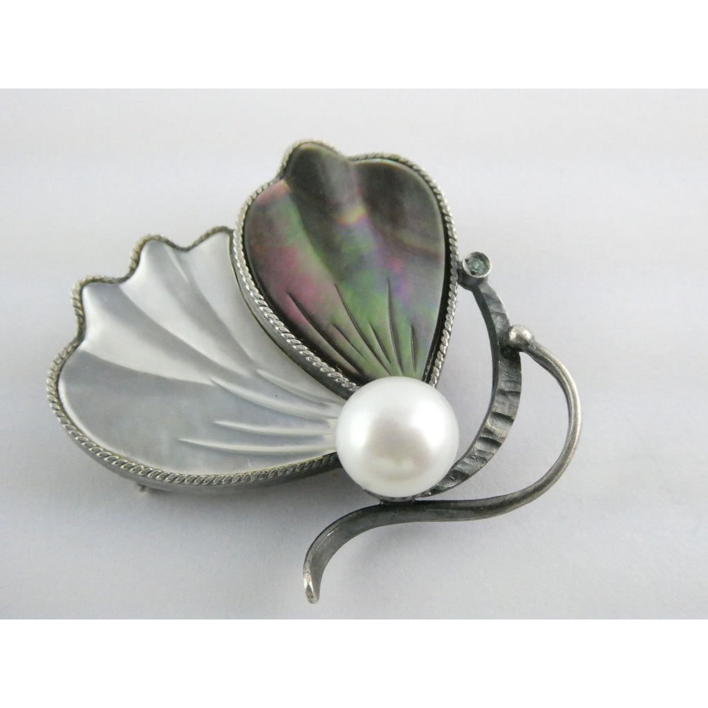 Sterling Silver Pearl Abalone Shell and MOP Butterfly Pin with Emerald Brooch