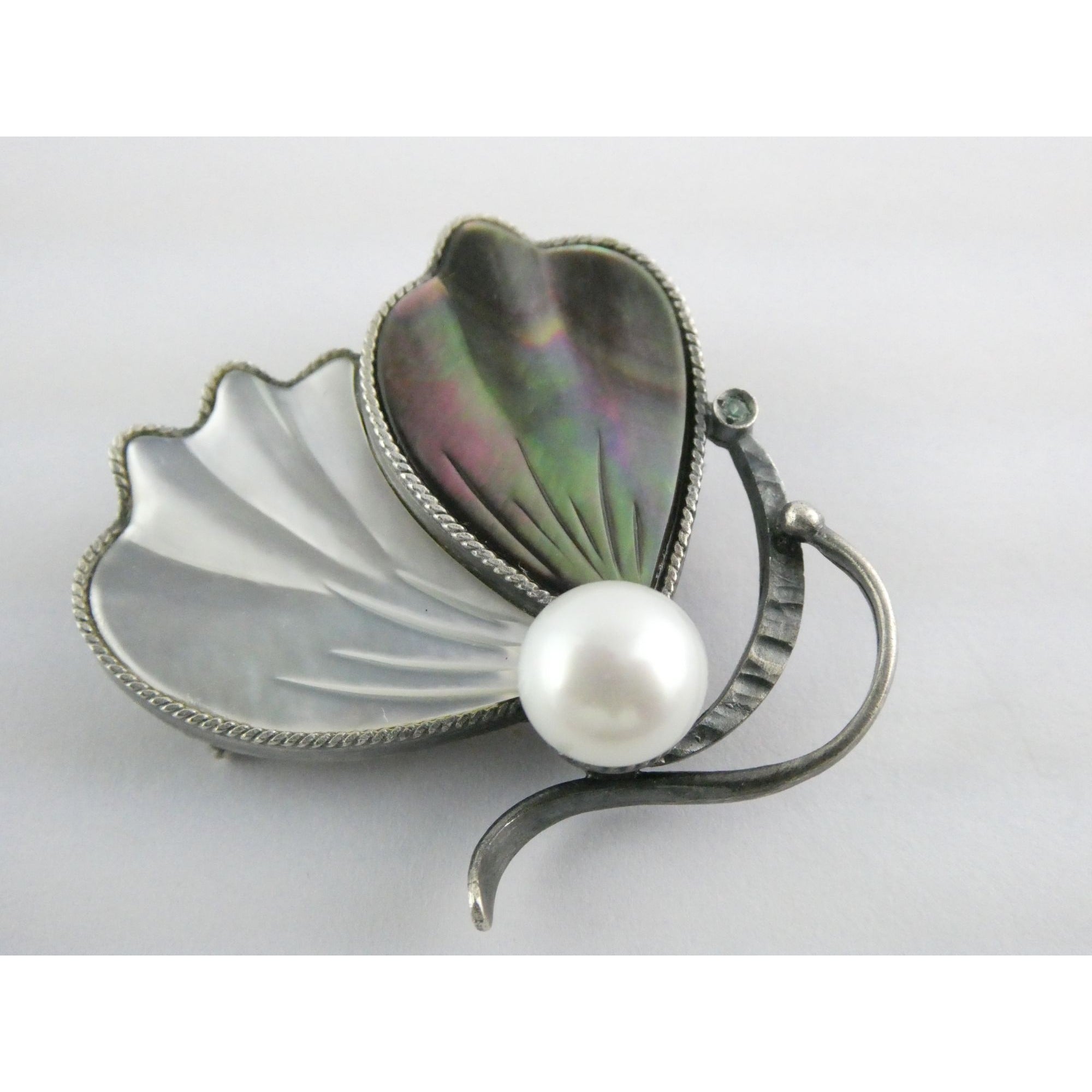 Sterling Silver Pearl Abalone Shell and MOP Butterfly Pin with Emerald Brooch