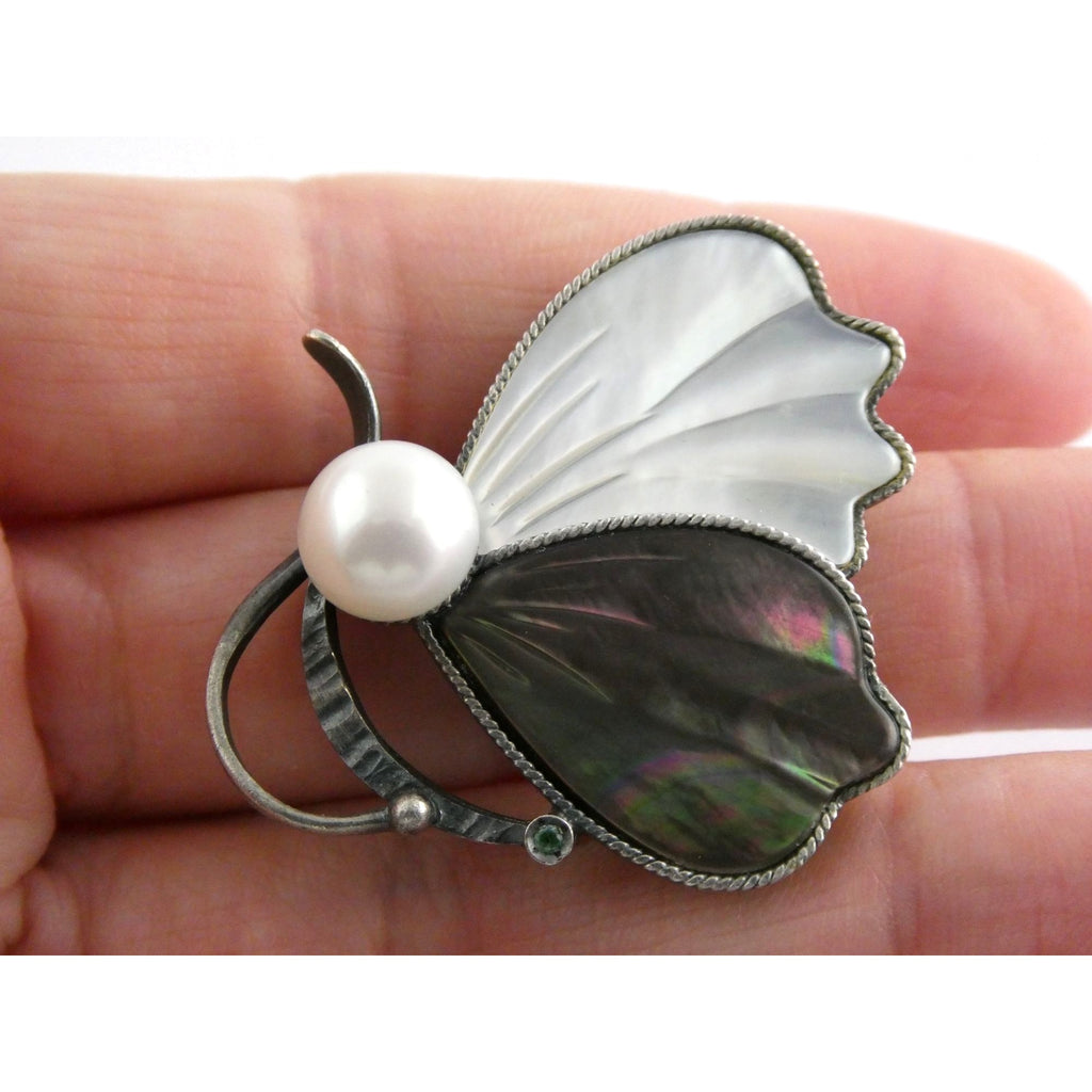 Sterling Silver Pearl Abalone Shell and MOP Butterfly Pin with Emerald Brooch