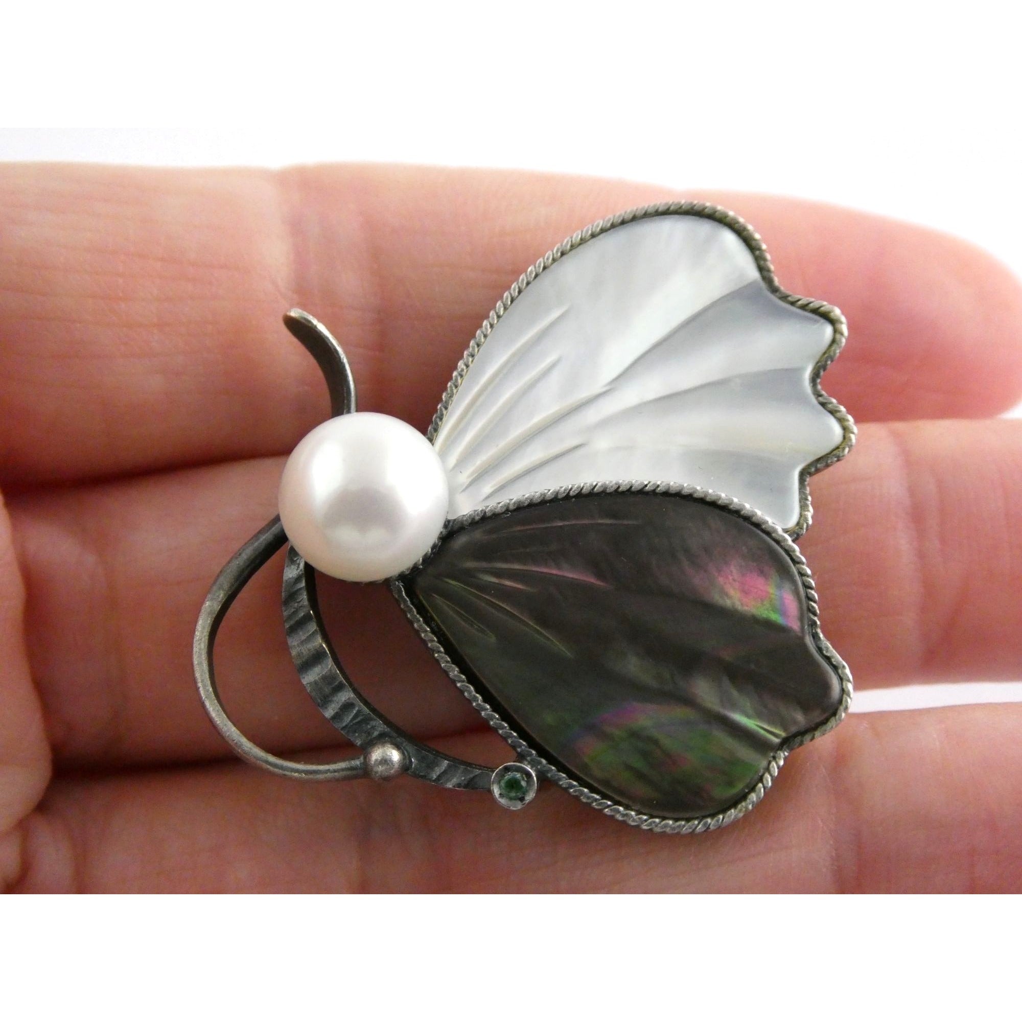 Sterling Silver Pearl Abalone Shell and MOP Butterfly Pin with Emerald Brooch