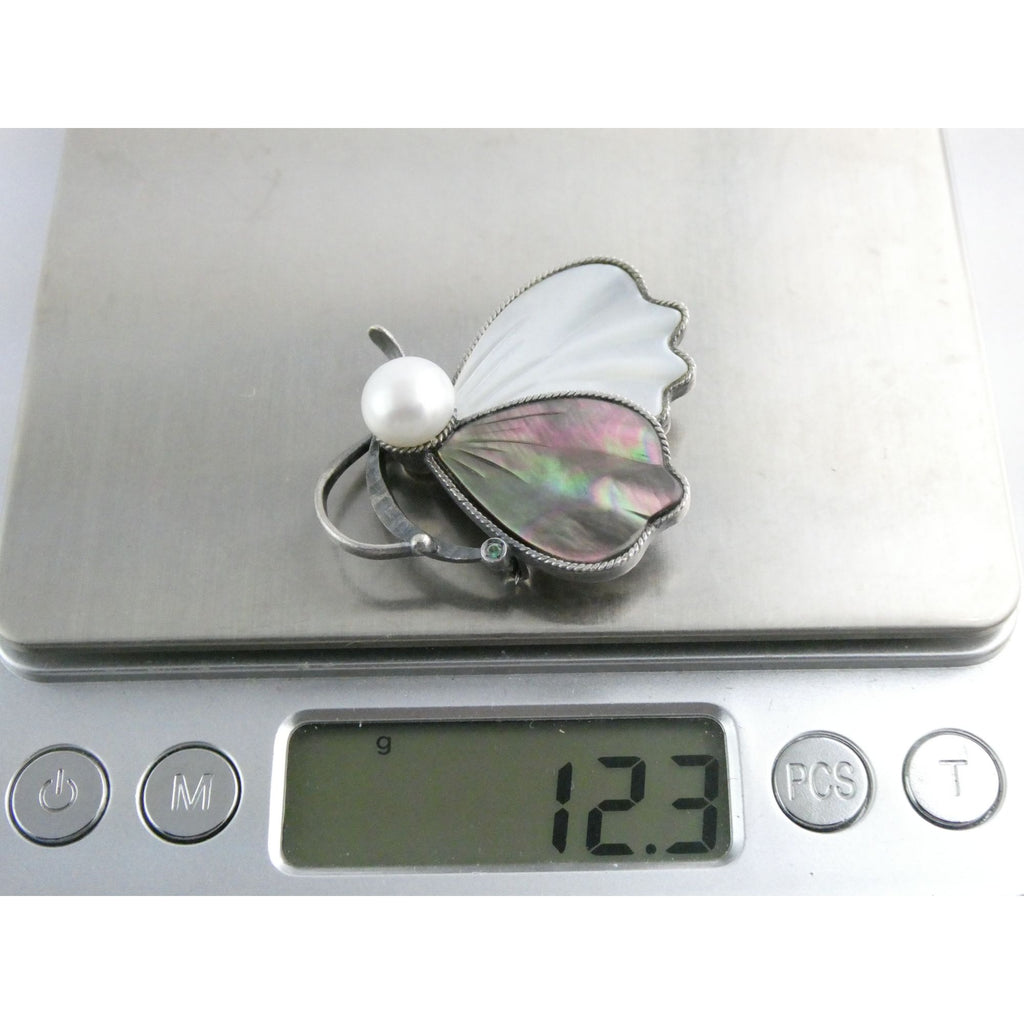 Sterling Silver Pearl Abalone Shell and MOP Butterfly Pin with Emerald Brooch