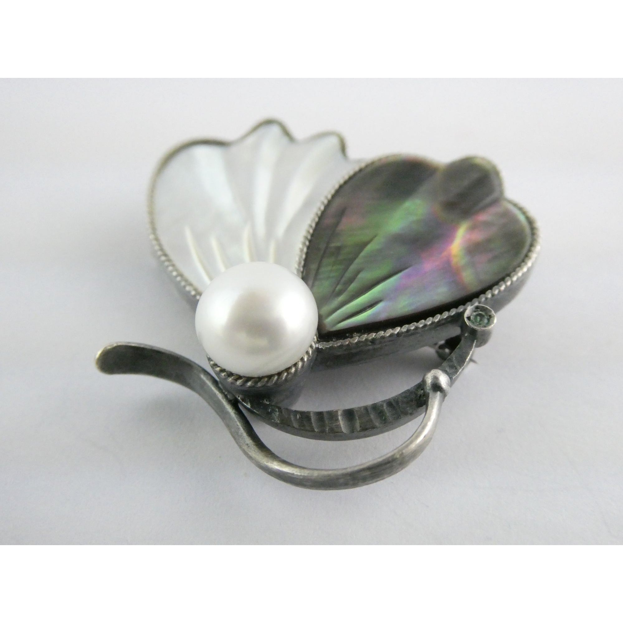 Sterling Silver Pearl Abalone Shell and MOP Butterfly Pin with Emerald Brooch