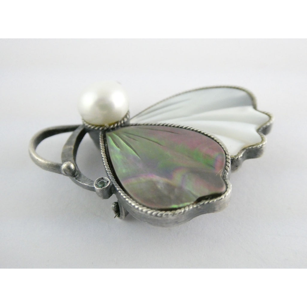 Sterling Silver Pearl Abalone Shell and MOP Butterfly Pin with Emerald Brooch
