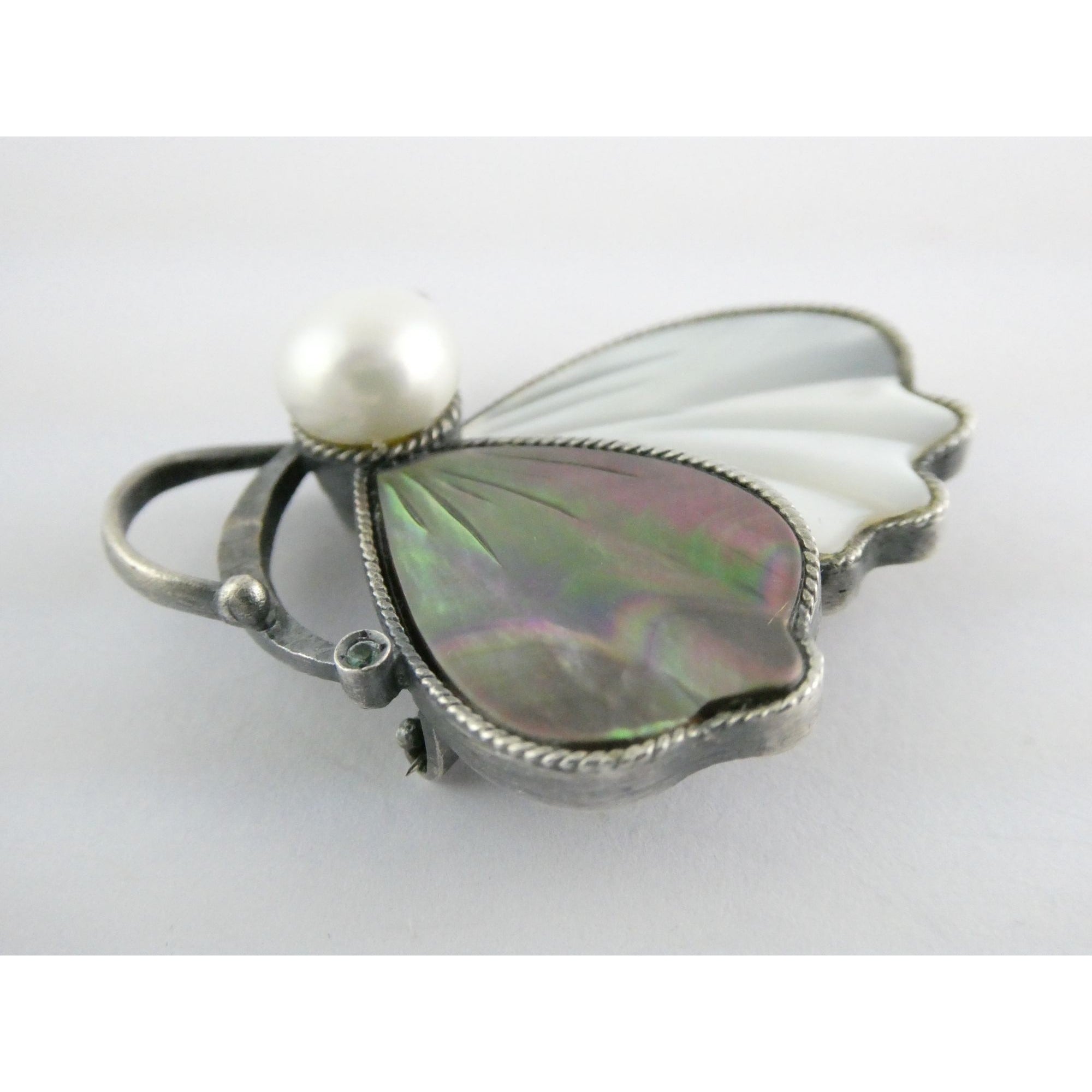 Sterling Silver Pearl Abalone Shell and MOP Butterfly Pin with Emerald Brooch