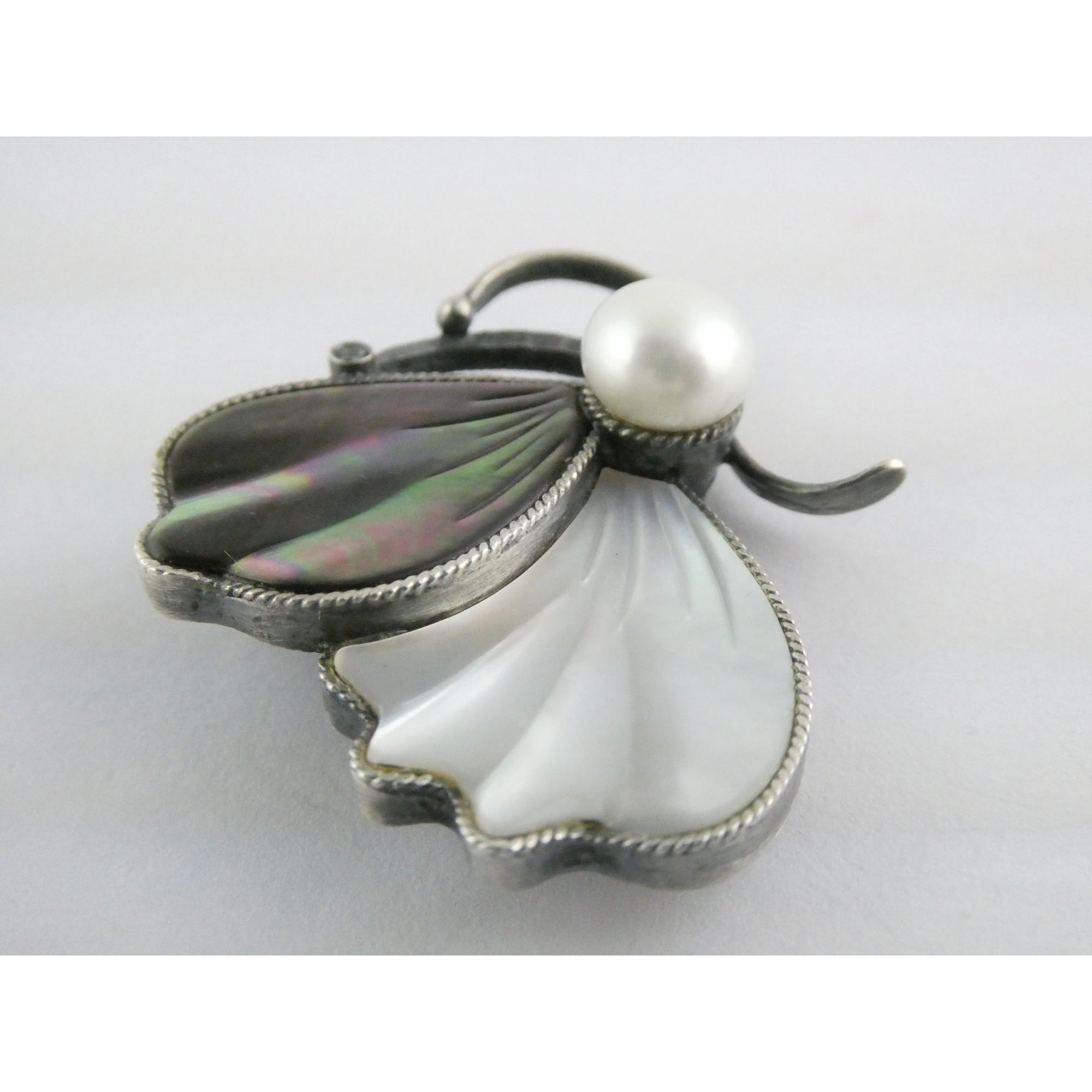 Sterling Silver Pearl Abalone Shell and MOP Butterfly Pin with Emerald Brooch