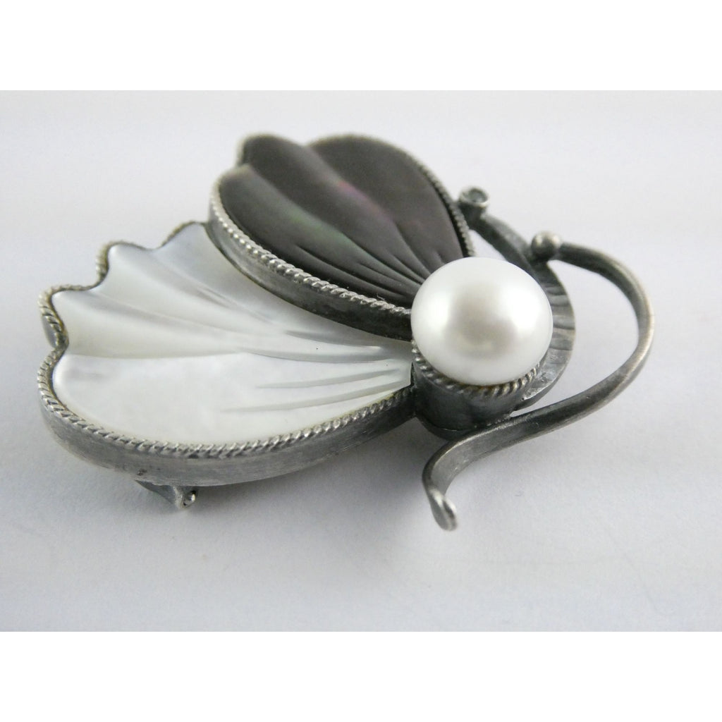 Sterling Silver Pearl Abalone Shell and MOP Butterfly Pin with Emerald Brooch
