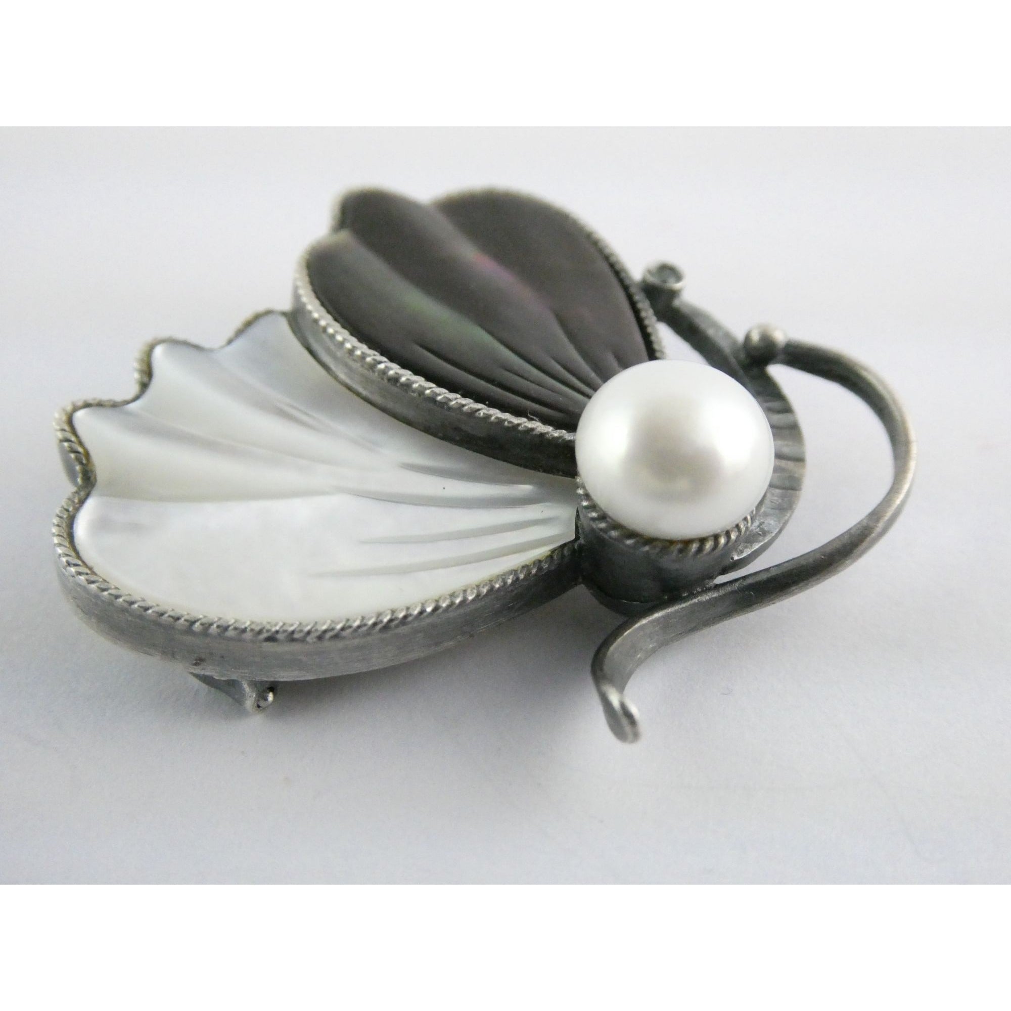 Sterling Silver Pearl Abalone Shell and MOP Butterfly Pin with Emerald Brooch