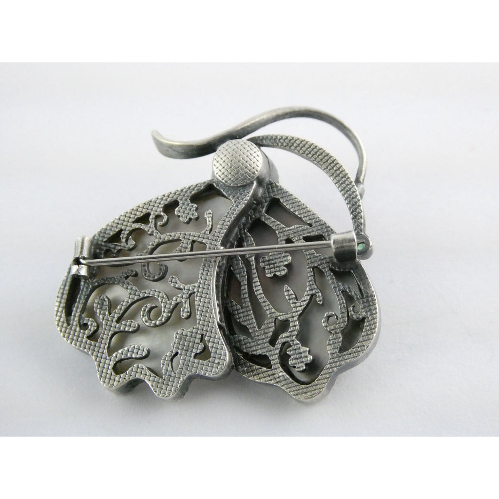 Sterling Silver Pearl Abalone Shell and MOP Butterfly Pin with Emerald Brooch