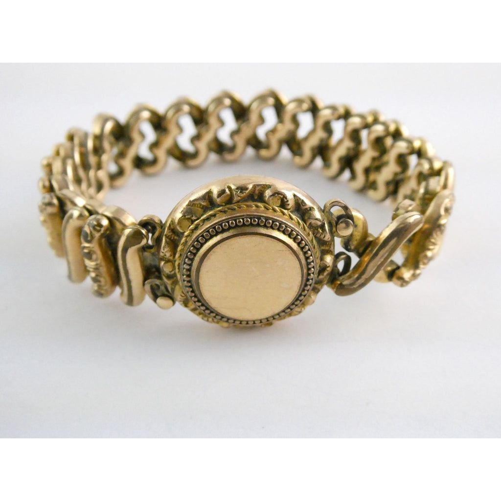 Antique Gold Filled Metal Expansion Bracelet Blank Monogram Focal Center 26.5g