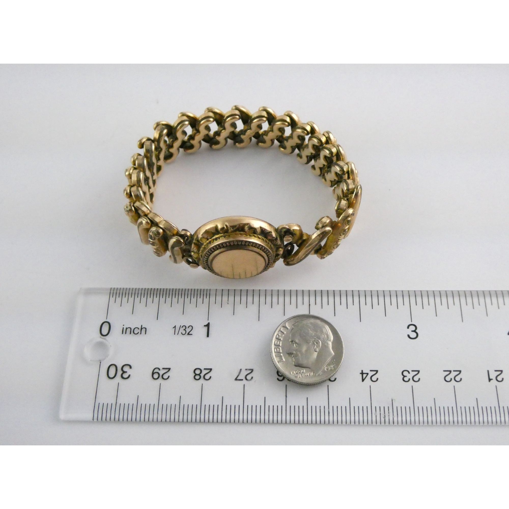 Antique Gold Filled Metal Expansion Bracelet Blank Monogram Focal Center 26.5g