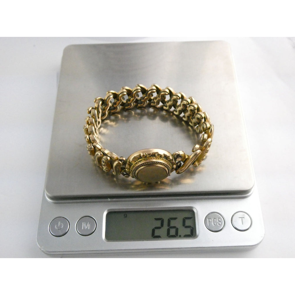 Antique Gold Filled Metal Expansion Bracelet Blank Monogram Focal Center 26.5g