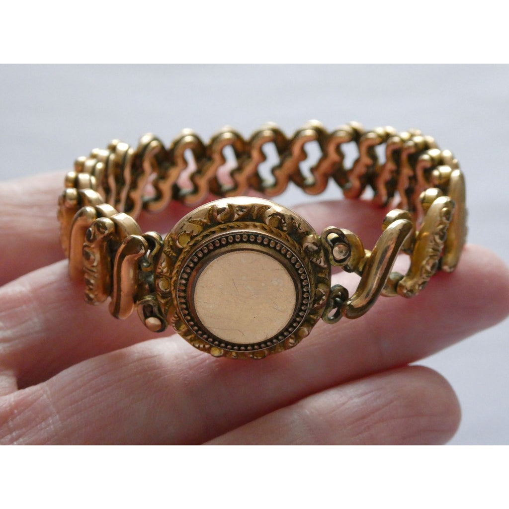 Antique Gold Filled Metal Expansion Bracelet Blank Monogram Focal Center 26.5g