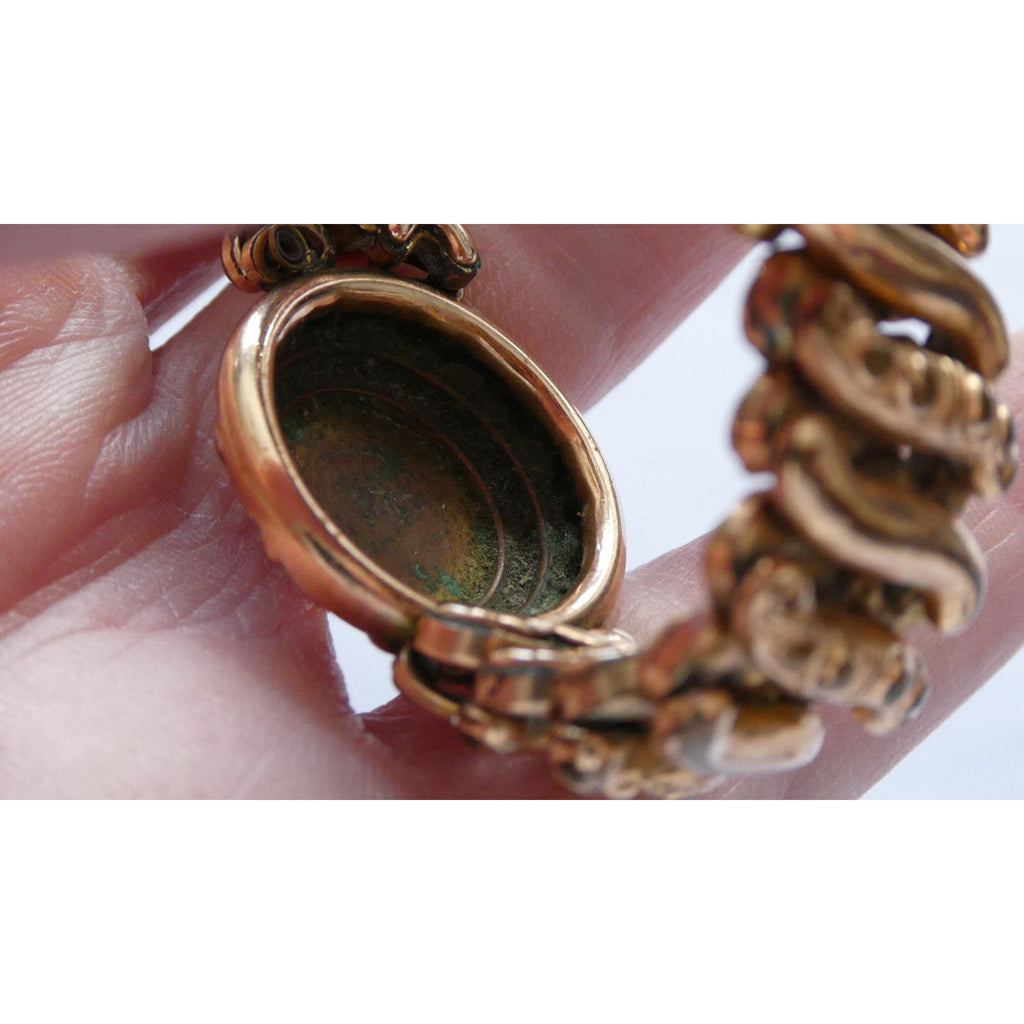 Antique Gold Filled Metal Expansion Bracelet Blank Monogram Focal Center 26.5g