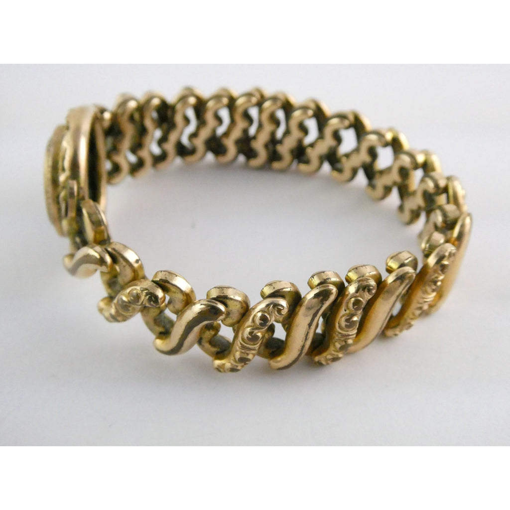 Antique Gold Filled Metal Expansion Bracelet Blank Monogram Focal Center 26.5g
